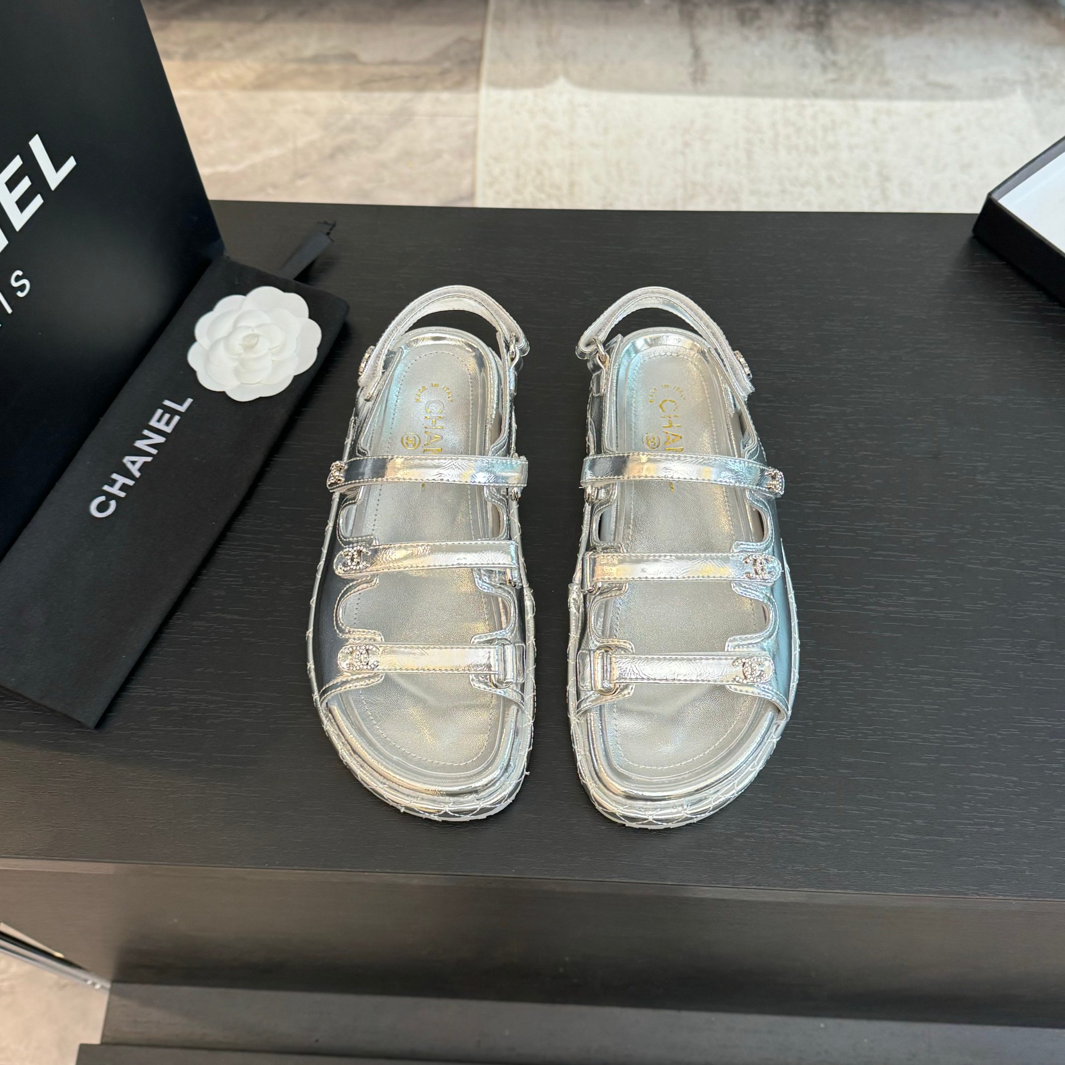 Chanel Silver Leather Sandals with Velcro Straps - Spring/Summer Collection 3 a1734085919908 4765