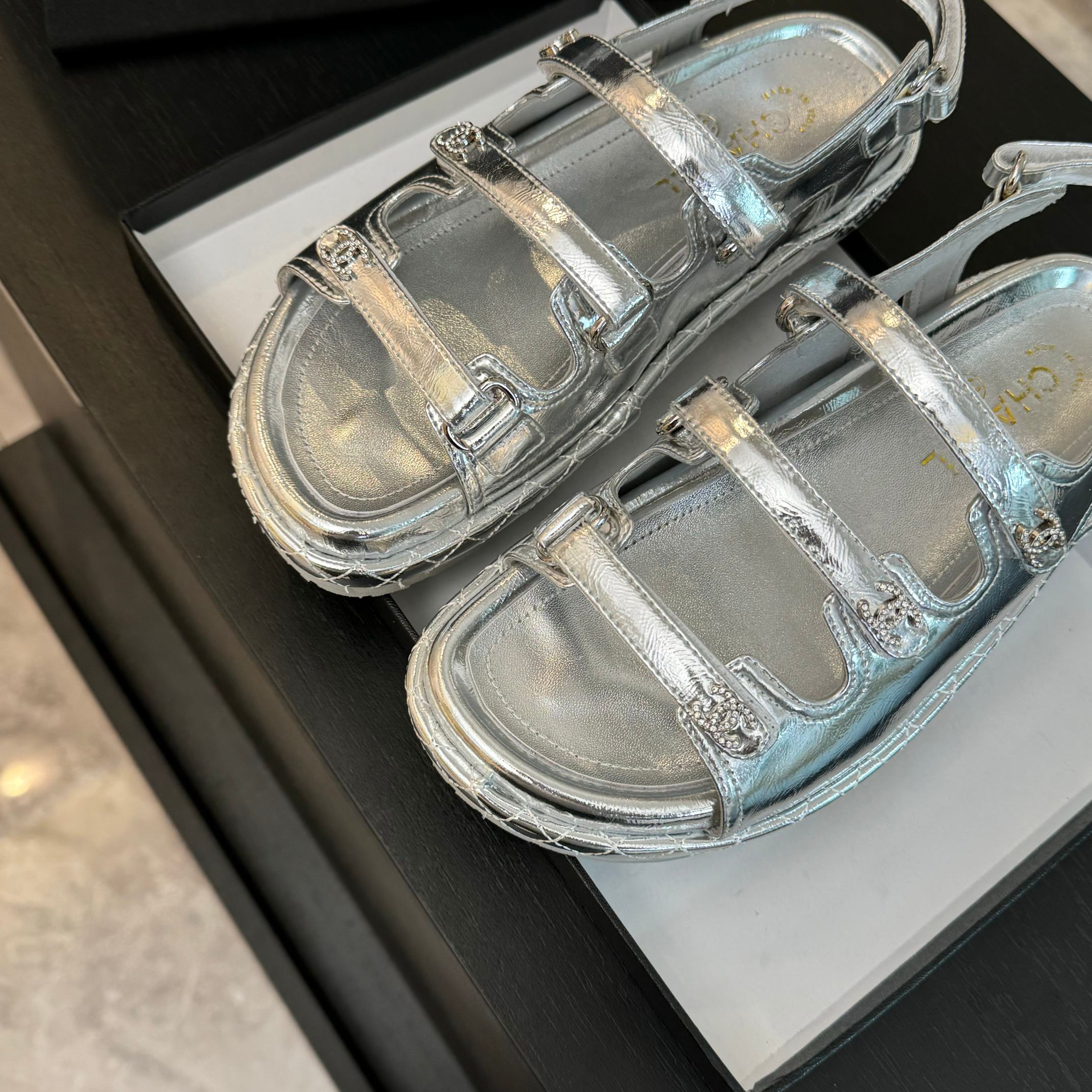 Chanel Silver Leather Sandals with Velcro Straps - Spring/Summer Collection 7 a1734085920044 2542