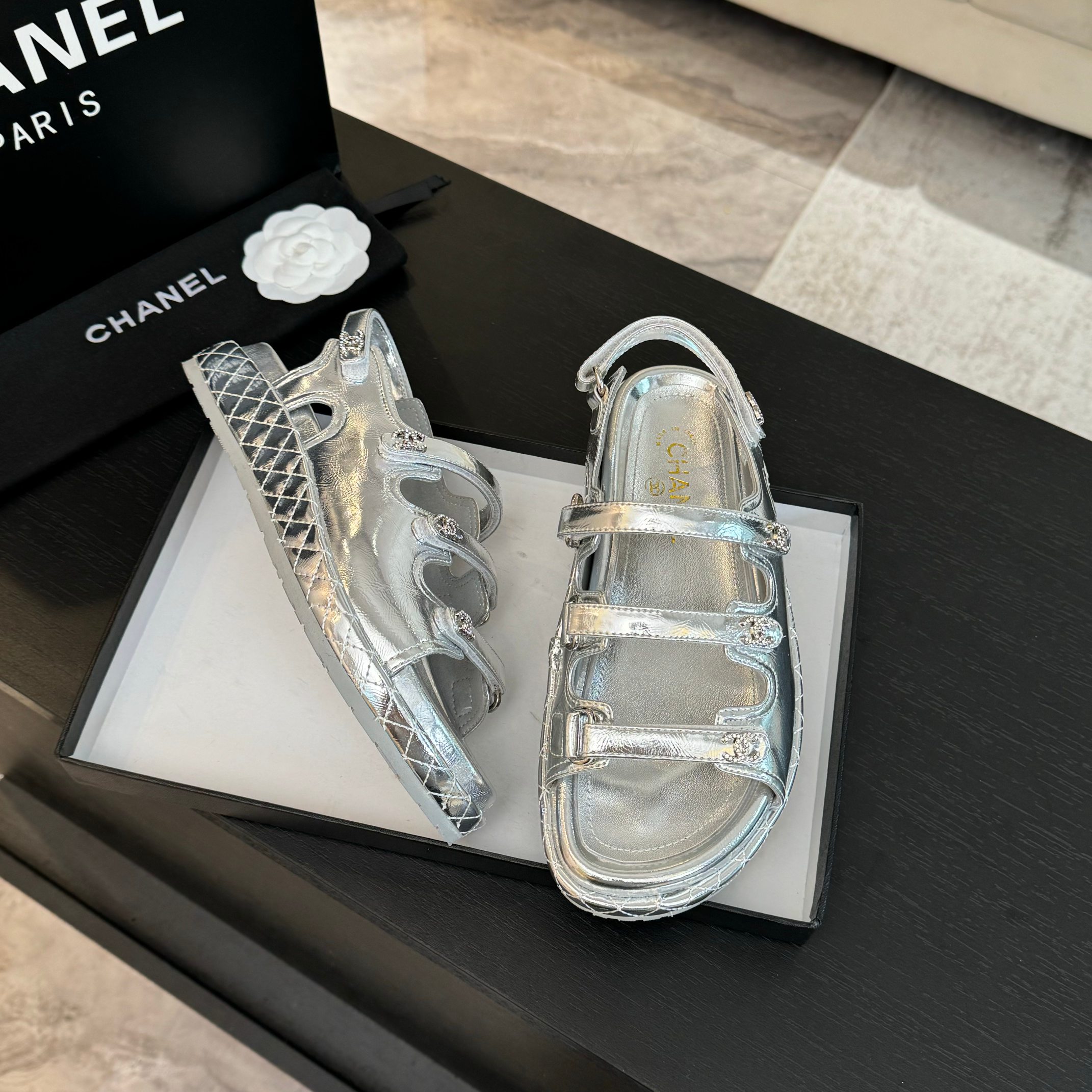 Chanel Silver Leather Sandals with Velcro Straps - Spring/Summer Collection 5 a1734085920207 6874
