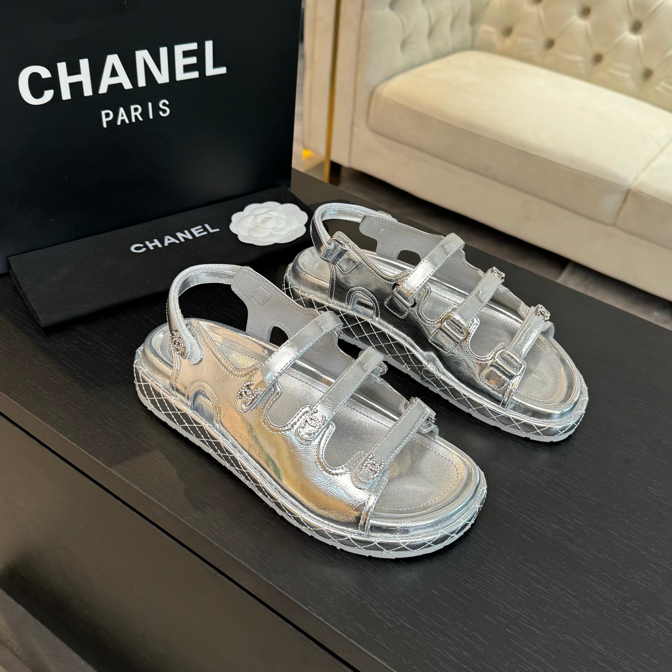 Chanel Silver Leather Sandals with Velcro Straps - Spring/Summer Collection 2 a1734085920220 7238