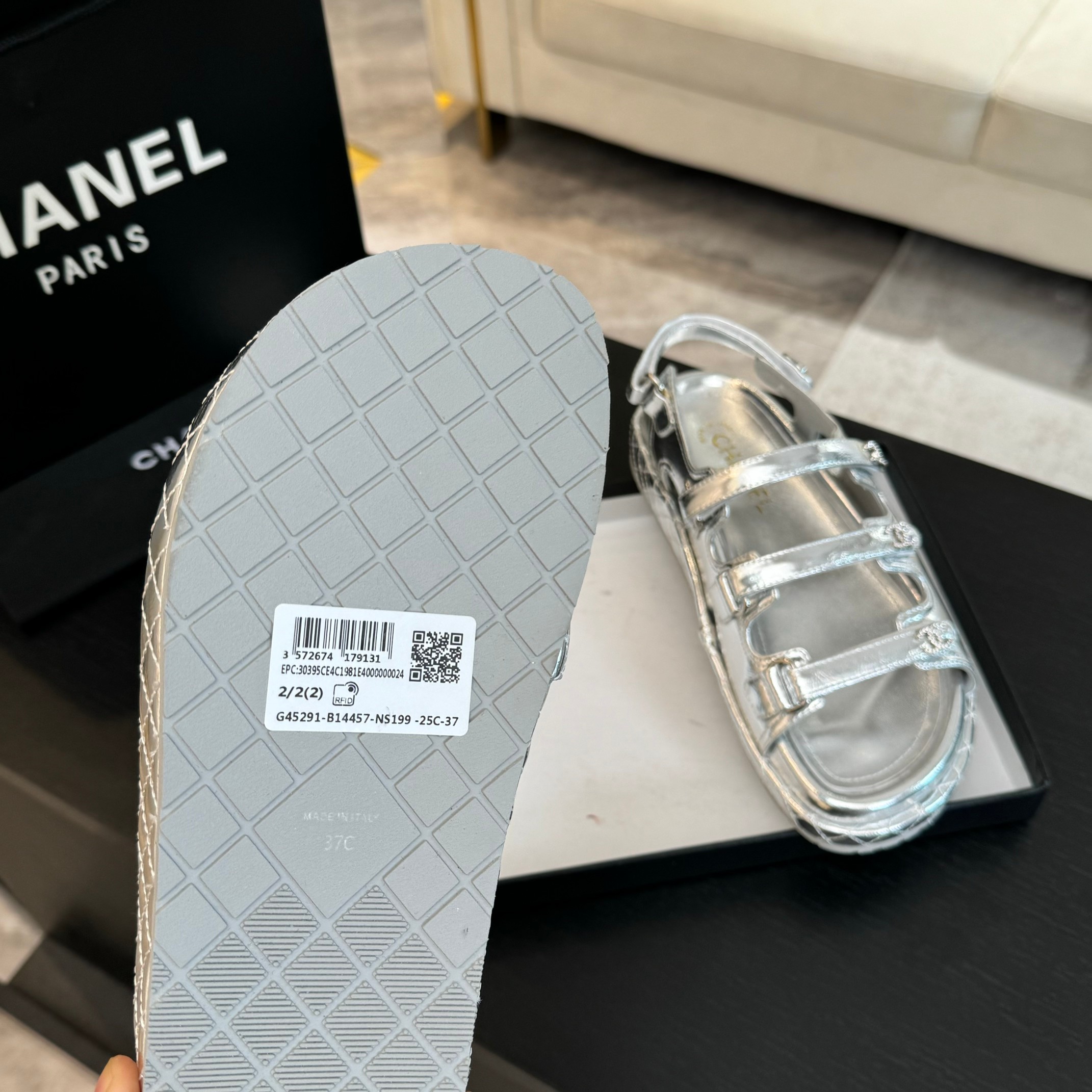 Chanel Silver Leather Sandals with Velcro Straps - Spring/Summer Collection 10 a1734085921566 1167