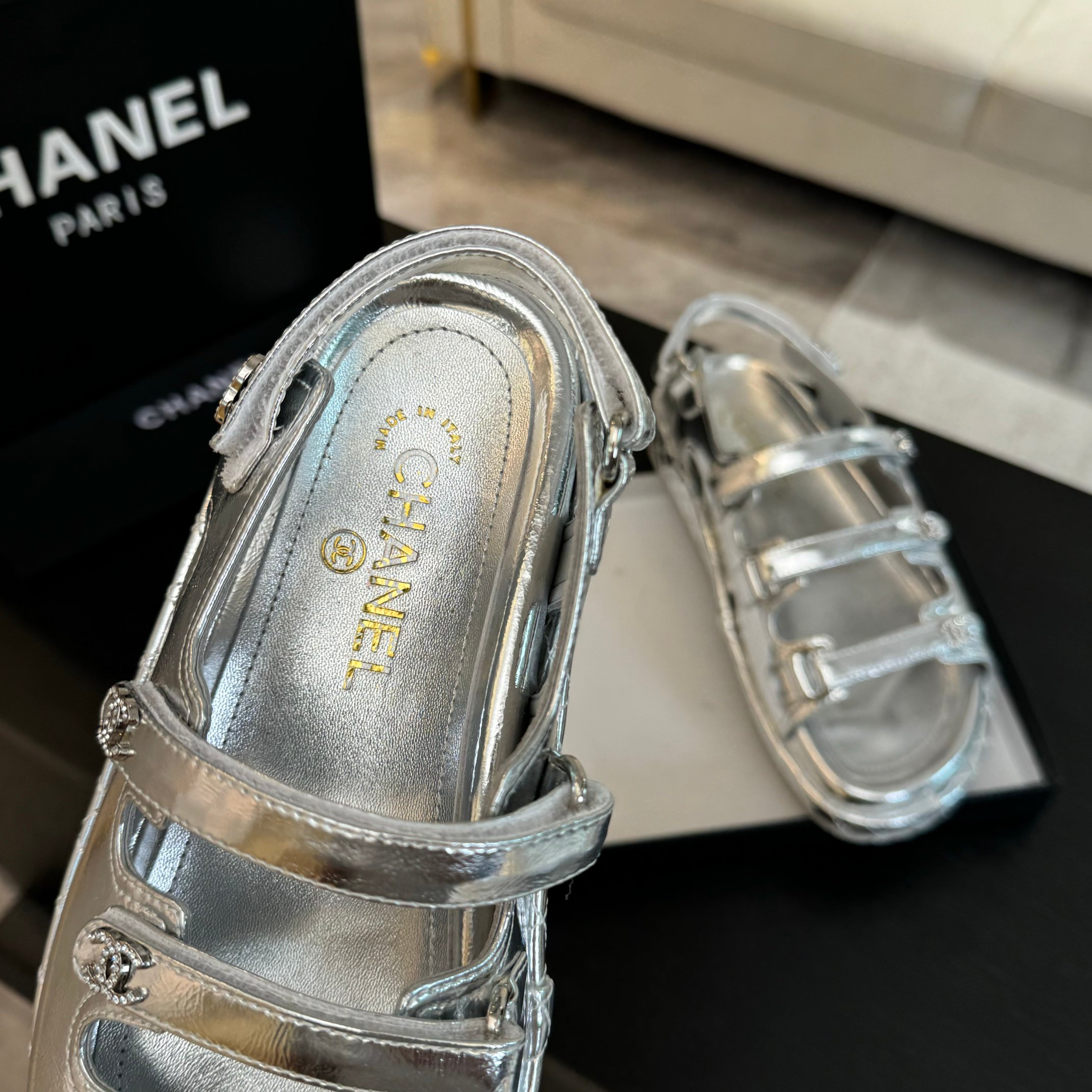 Chanel Silver Leather Sandals with Velcro Straps - Spring/Summer Collection 8 a1734085921621 0316