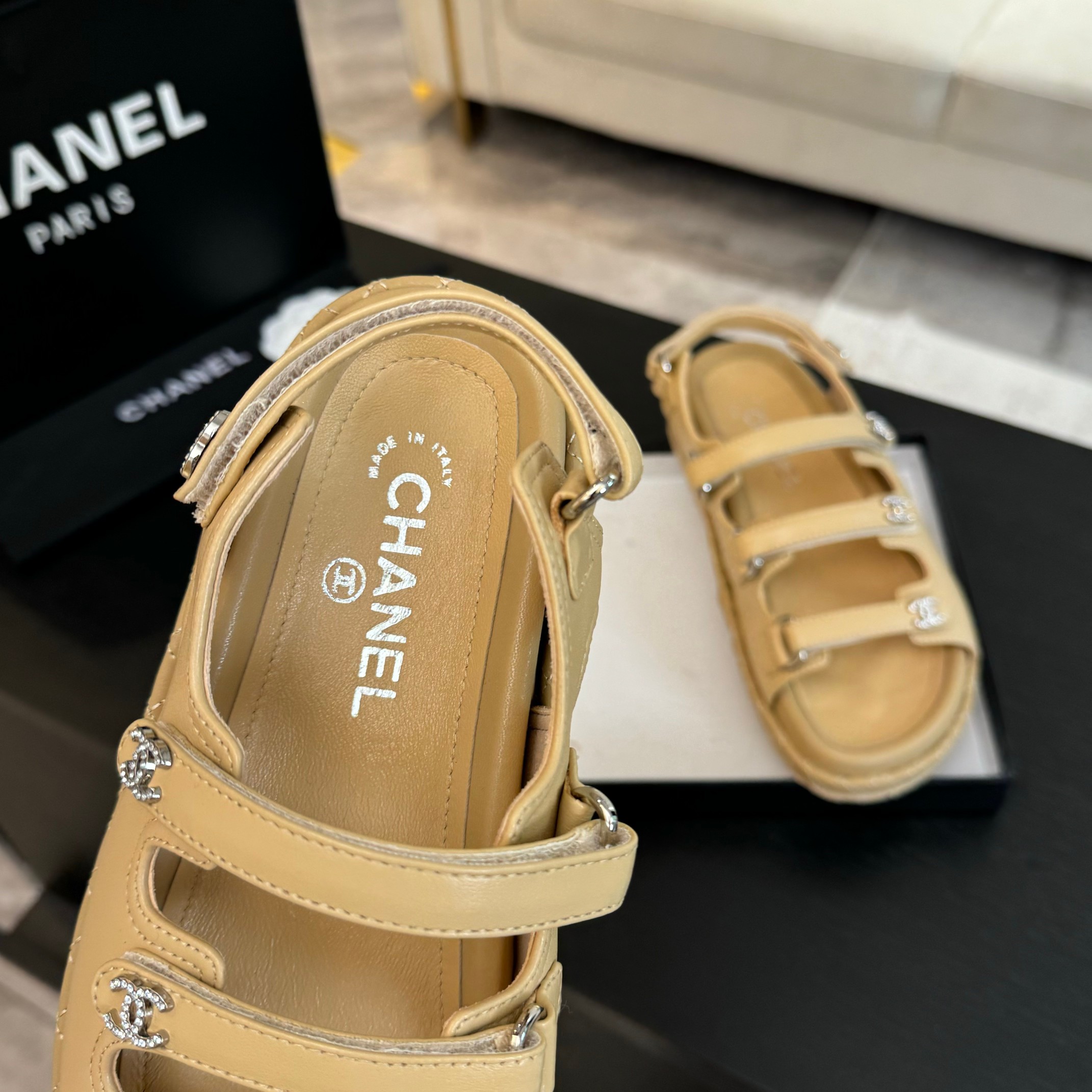 Chanel Women's Beige Lambskin Velcro Sandals with CC Logo Details 7 a1734085954408 2330