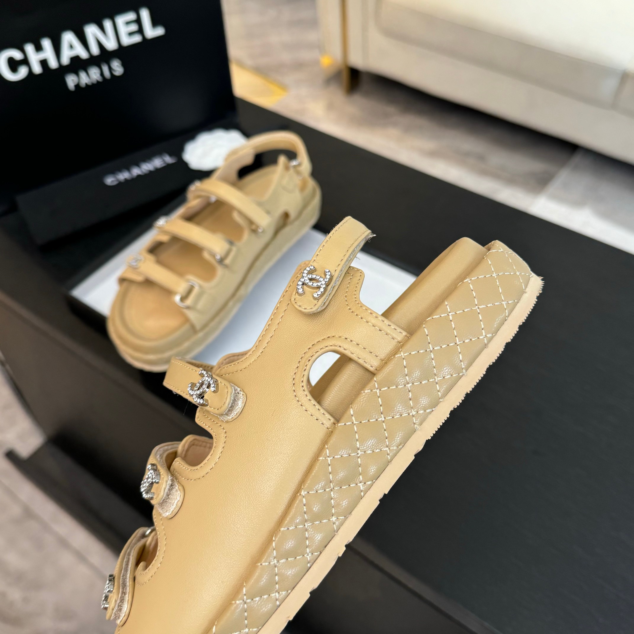 Chanel Women's Beige Lambskin Velcro Sandals with CC Logo Details 6 a1734085954415 6312