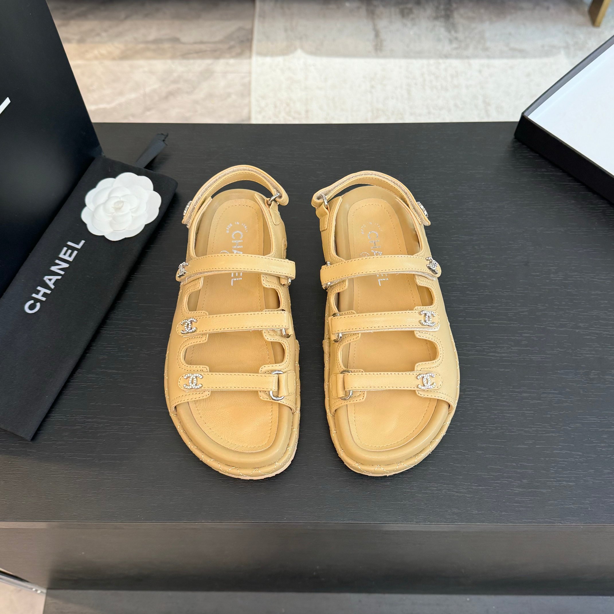 Chanel Women's Beige Lambskin Velcro Sandals with CC Logo Details 3 a1734085954501 3614