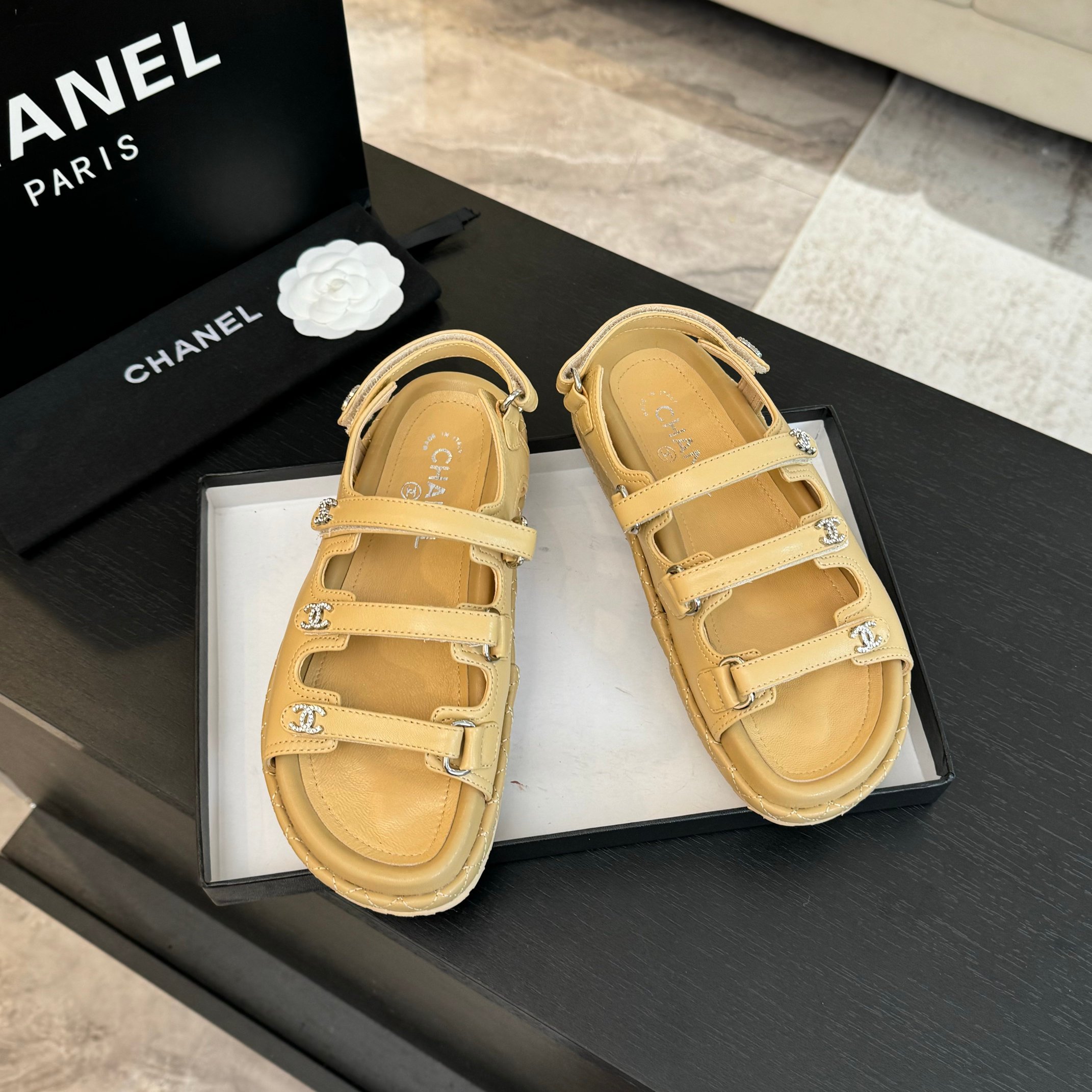 Chanel Women's Beige Lambskin Velcro Sandals with CC Logo Details 5 a1734085954811 2783