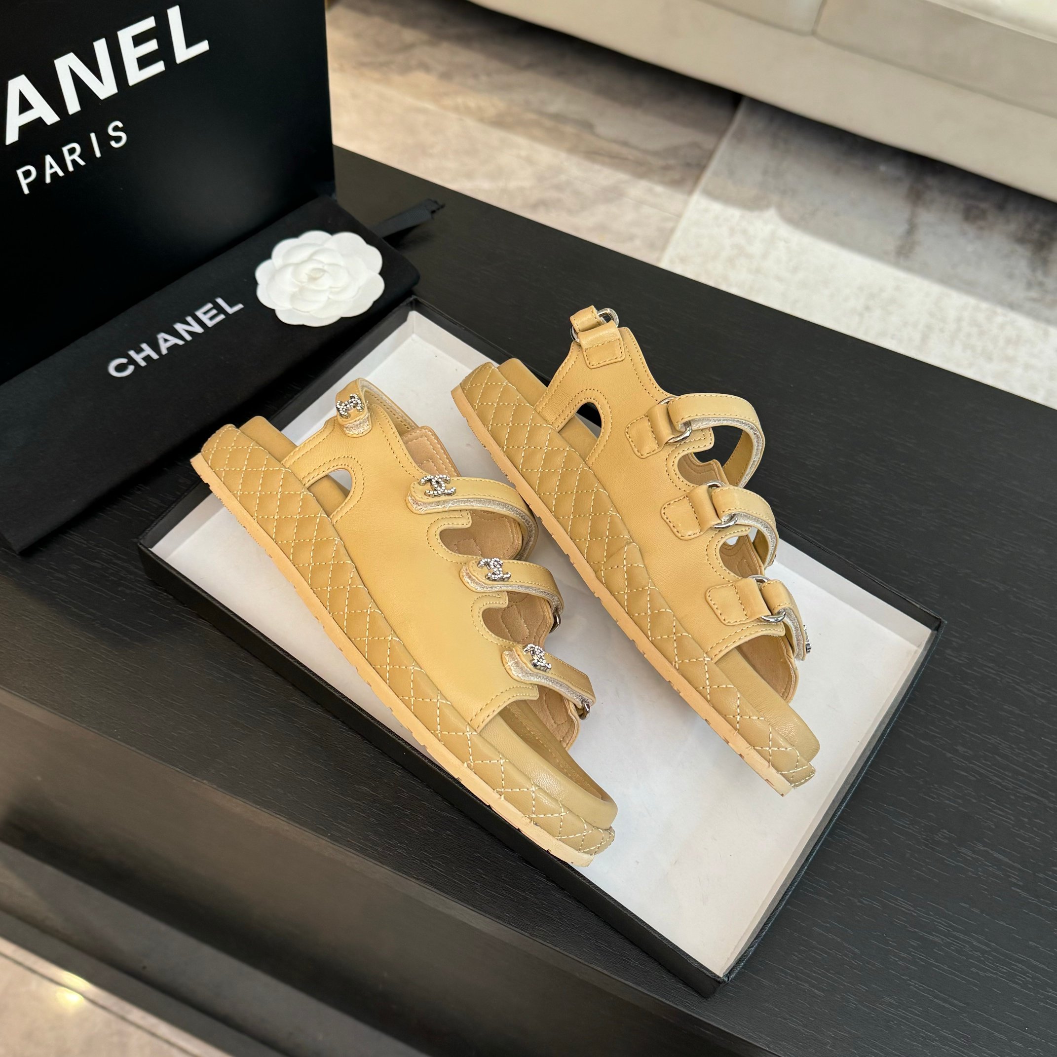 Chanel Women's Beige Lambskin Velcro Sandals with CC Logo Details 9 a1734085956864 4530
