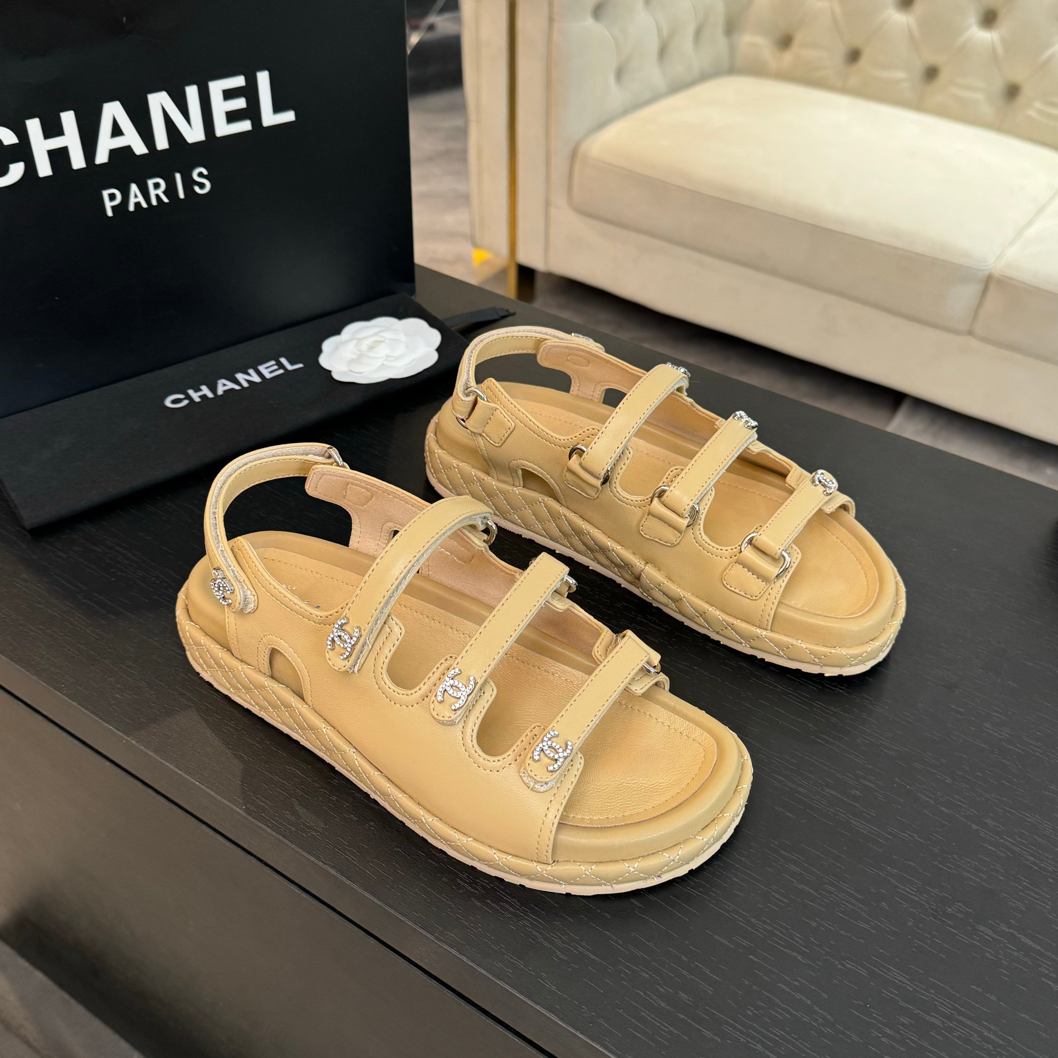Chanel Women's Beige Lambskin Velcro Sandals with CC Logo Details 2 a1734085956871 5505