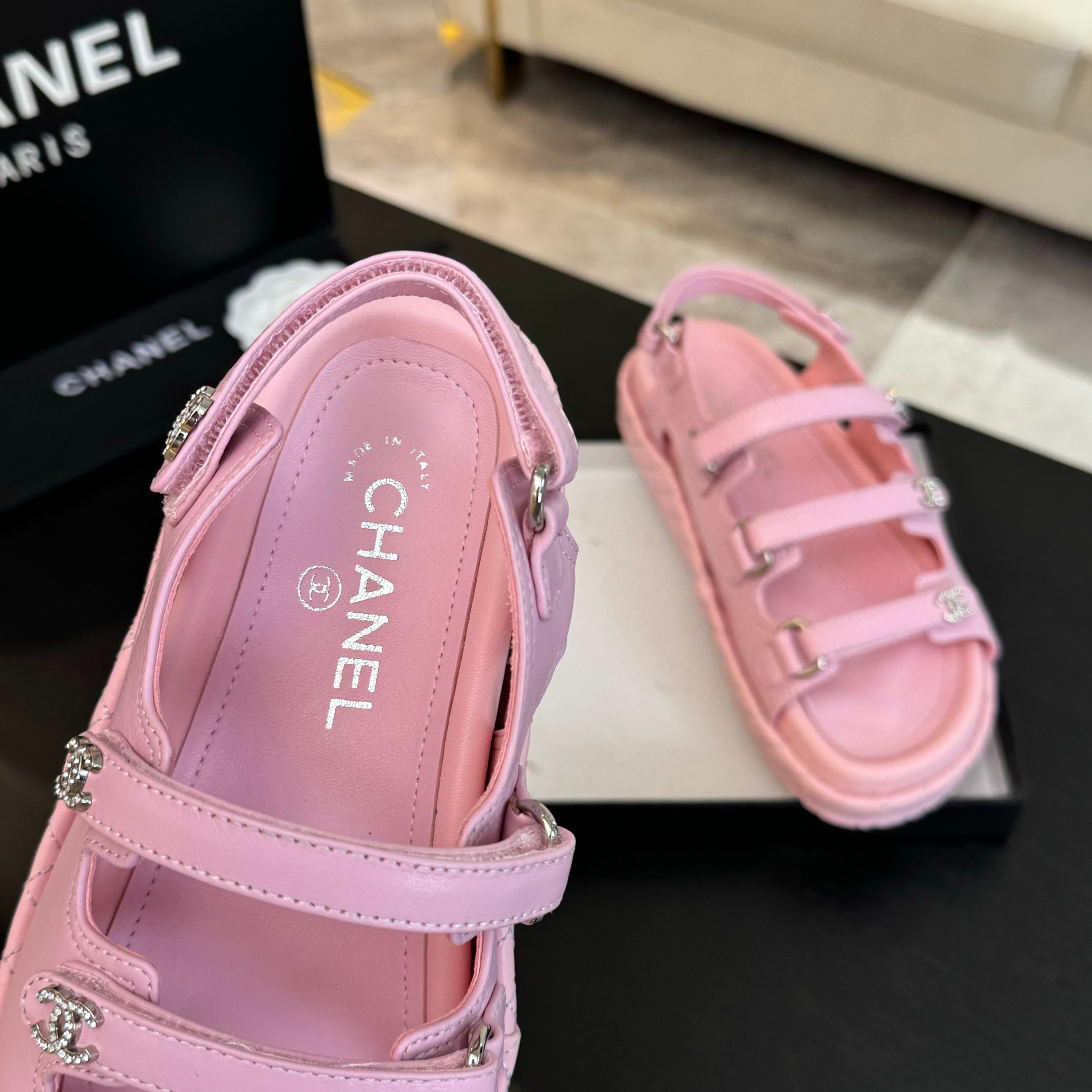 Chanel Women's Pink Lambskin Leather Beach Sandals with Velcro Straps 7 a1734085988397 4058