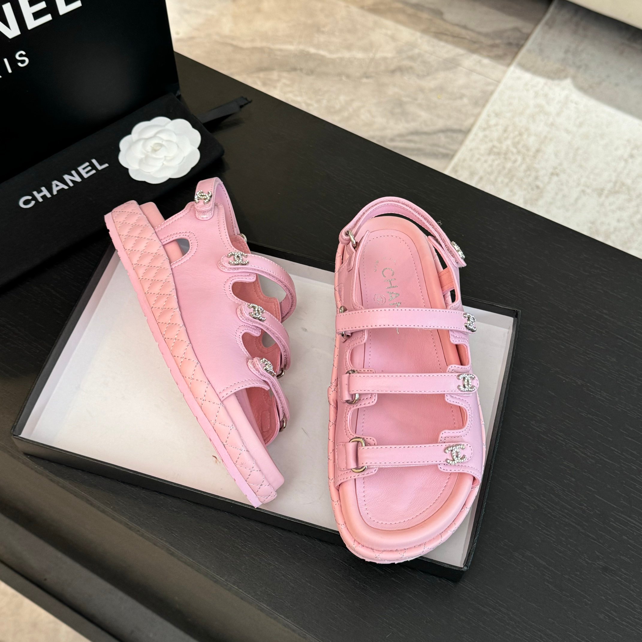 Chanel Women's Pink Lambskin Leather Beach Sandals with Velcro Straps 4 a1734085988576 5478
