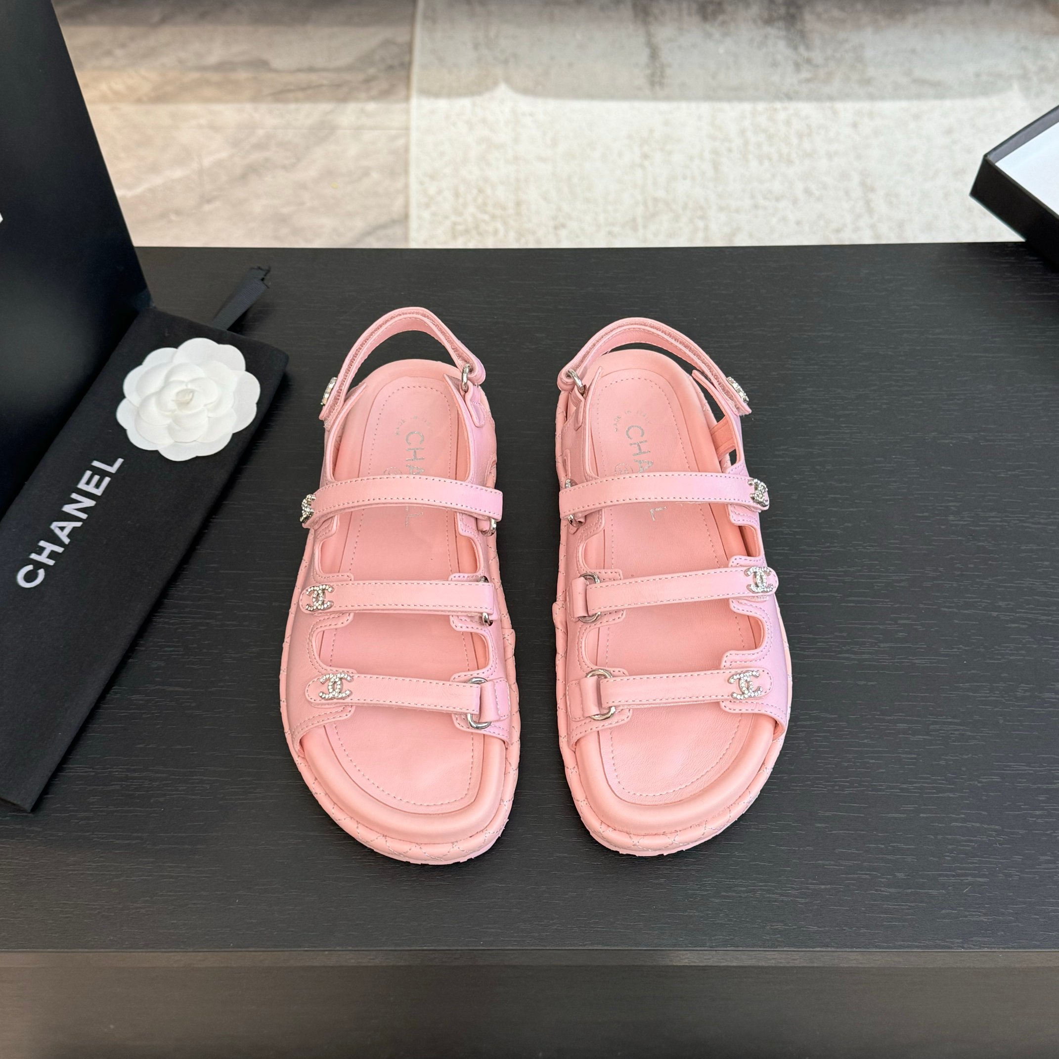 Chanel Women's Pink Lambskin Leather Beach Sandals with Velcro Straps 3 a1734085988804 4750
