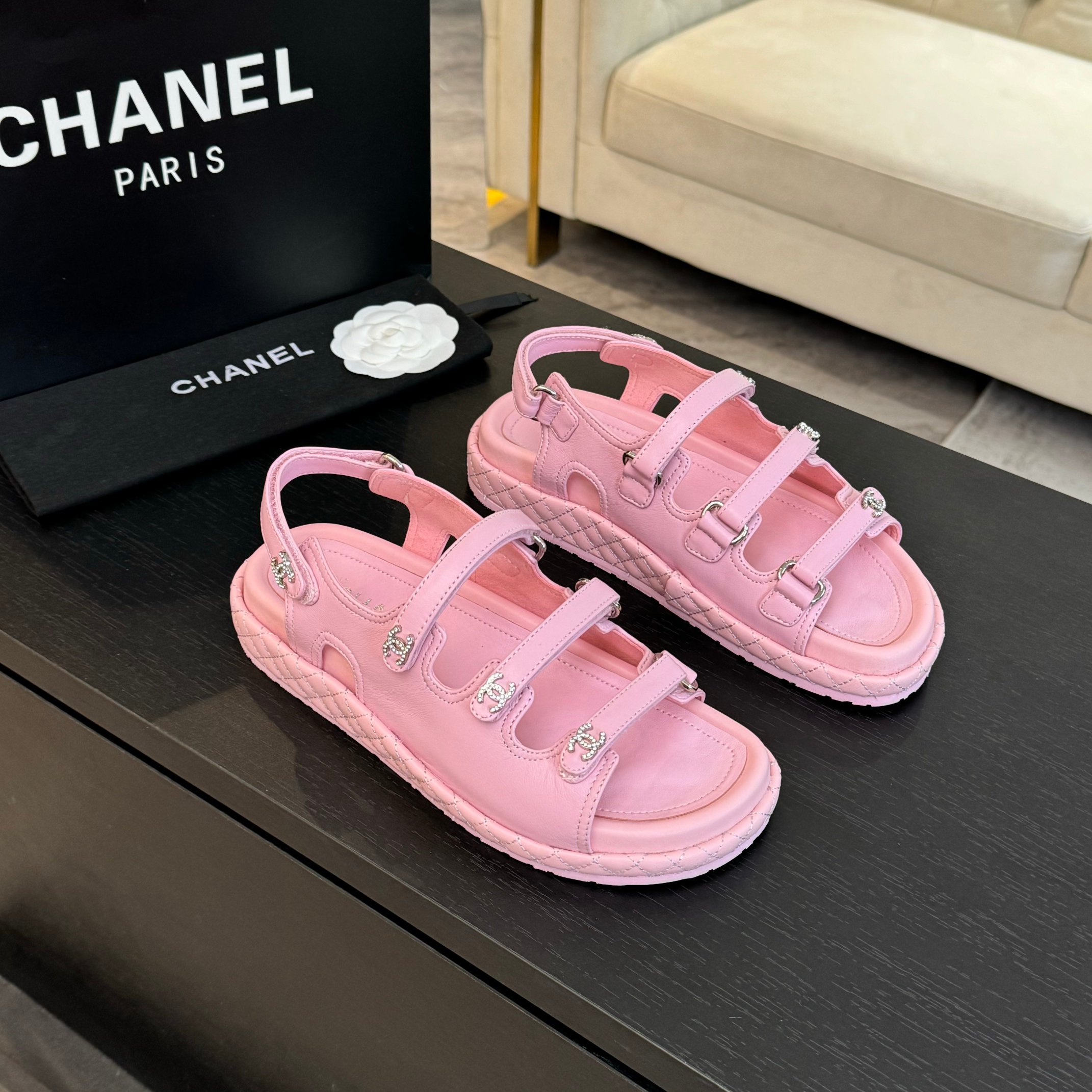 Chanel Women's Pink Lambskin Leather Beach Sandals with Velcro Straps 2 a1734085988839 4686
