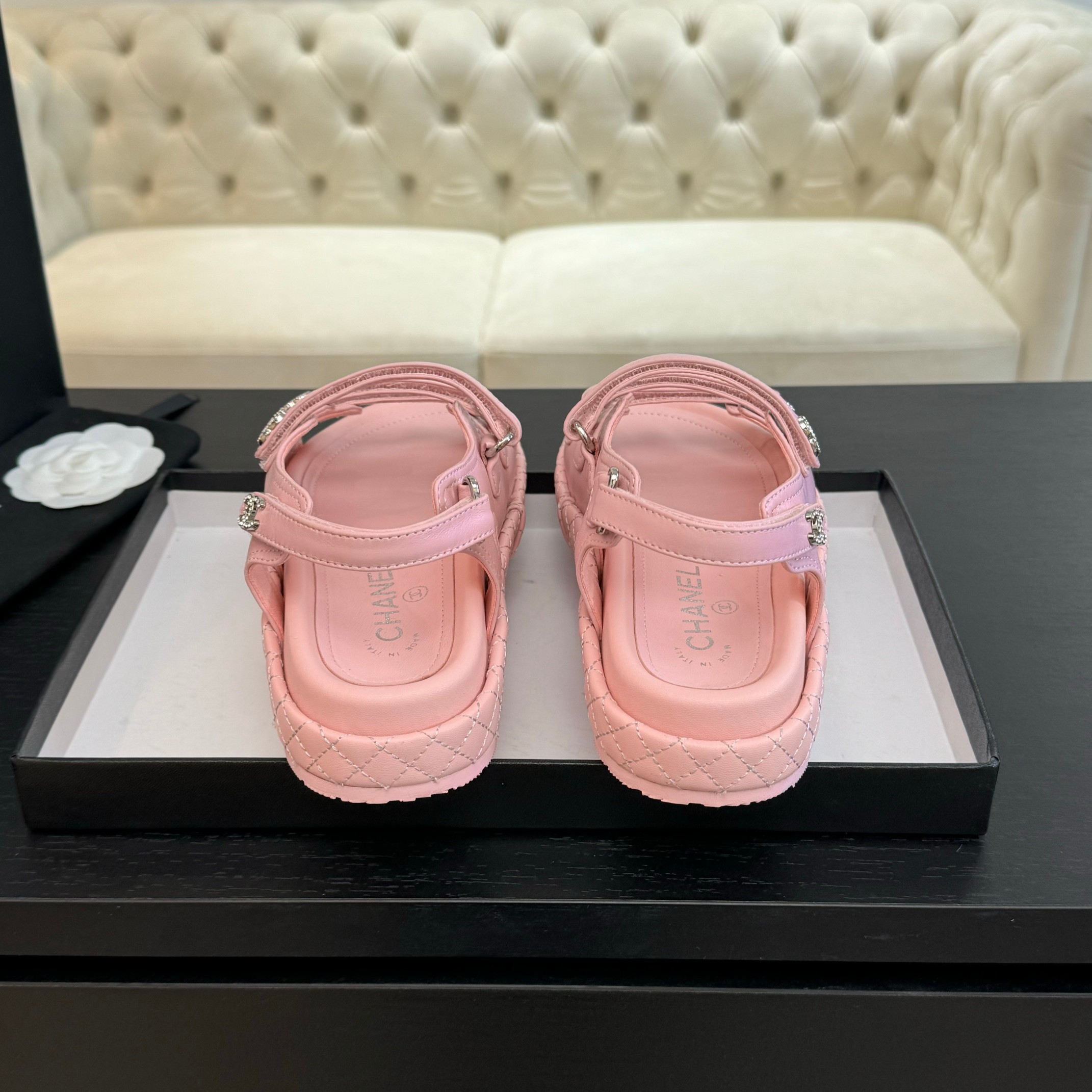 Chanel Women's Pink Lambskin Leather Beach Sandals with Velcro Straps 8 a1734085990818 0748