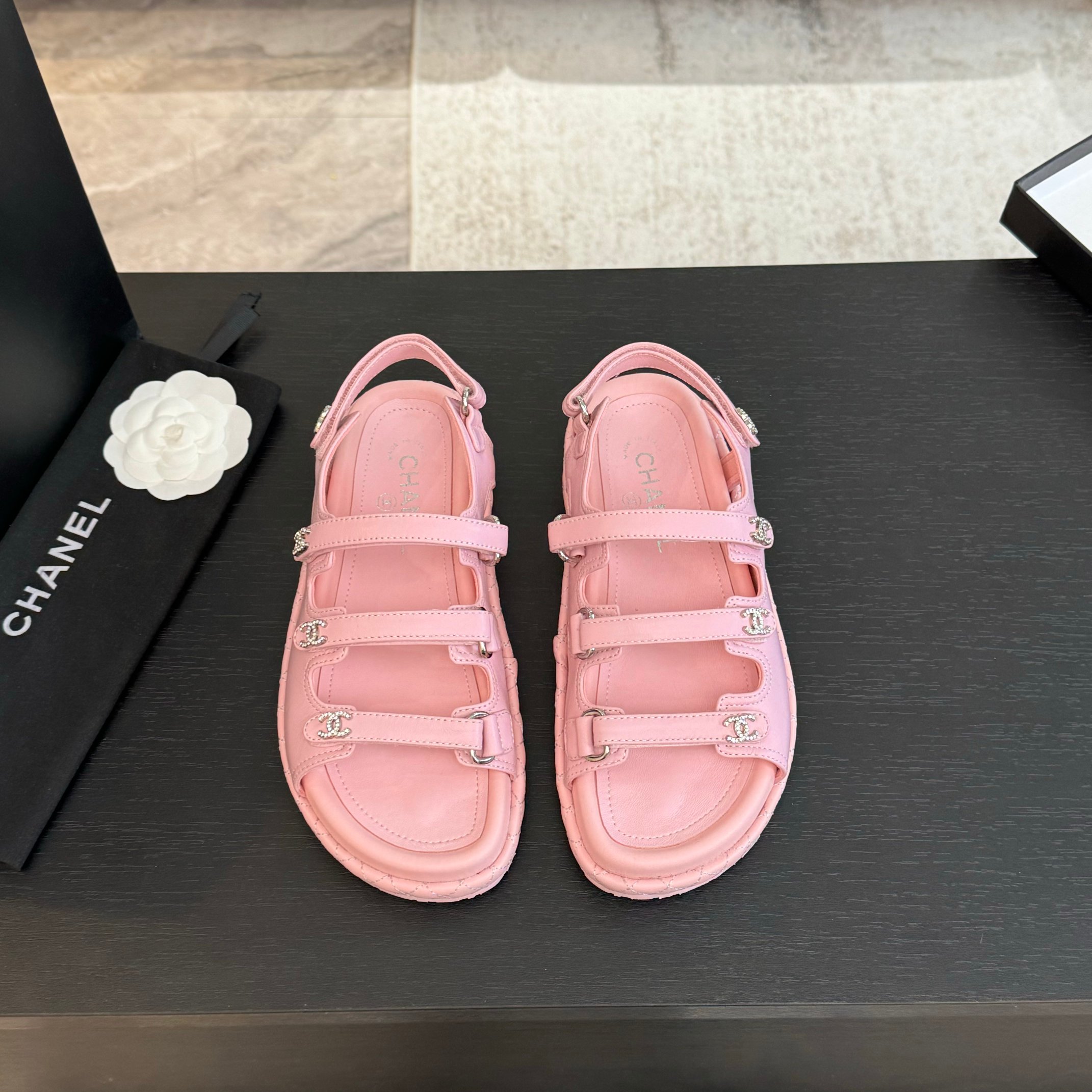 Chanel Women's Pink Lambskin Leather Beach Sandals with Velcro Straps 10 a1734085990882 1612