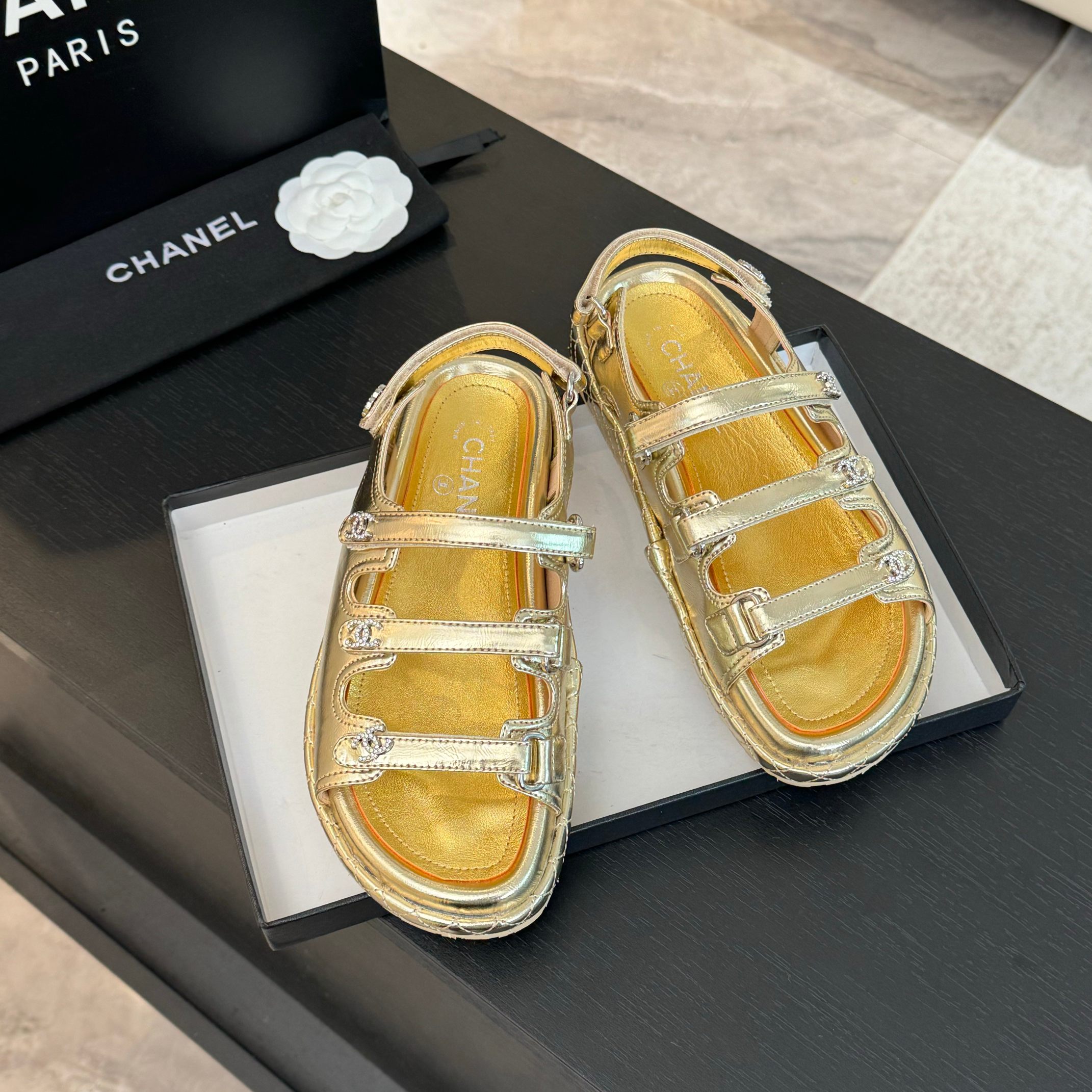 Chanel Women's Gold Leather Velcro Strap Beach Sandals, Sizes 35-42 Available 5 a1734086013520 3044