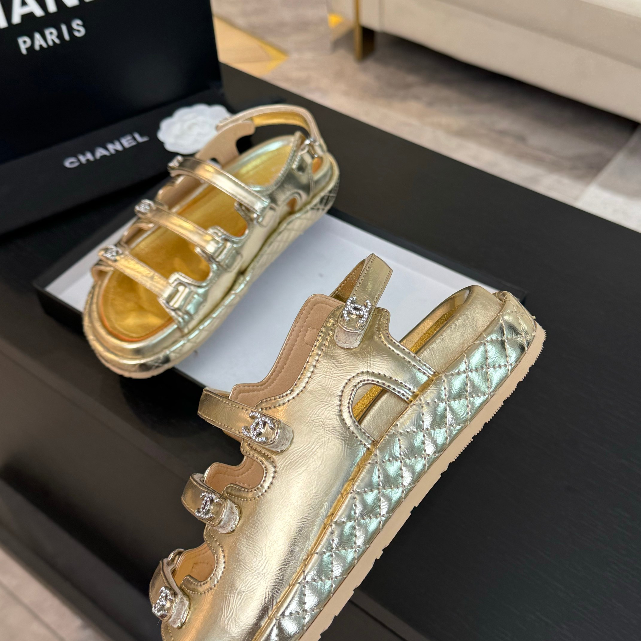 Chanel Women's Gold Leather Velcro Strap Beach Sandals, Sizes 35-42 Available 7 a1734086021986 3288