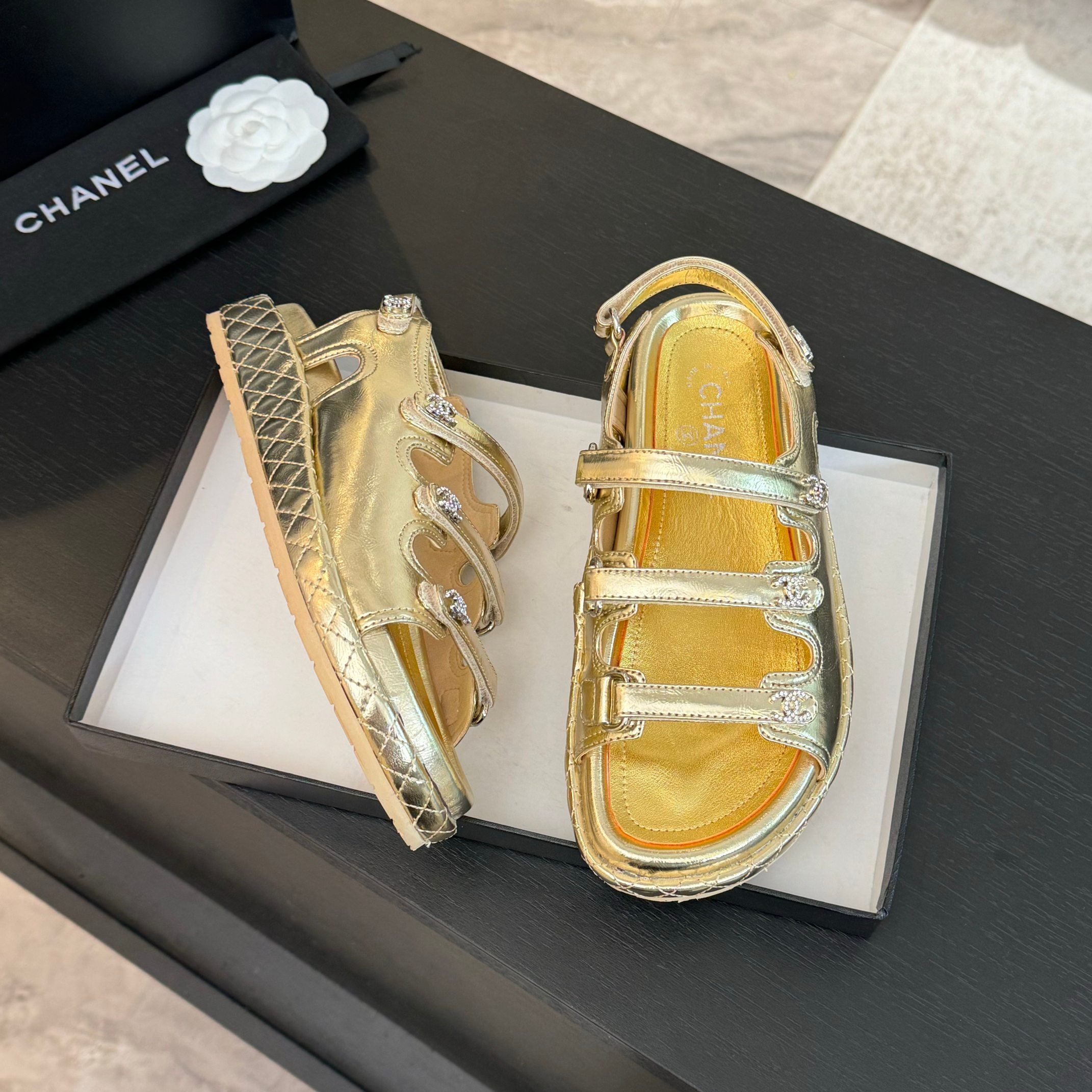 Chanel Women's Gold Leather Velcro Strap Beach Sandals, Sizes 35-42 Available 8 a1734086022149 3128