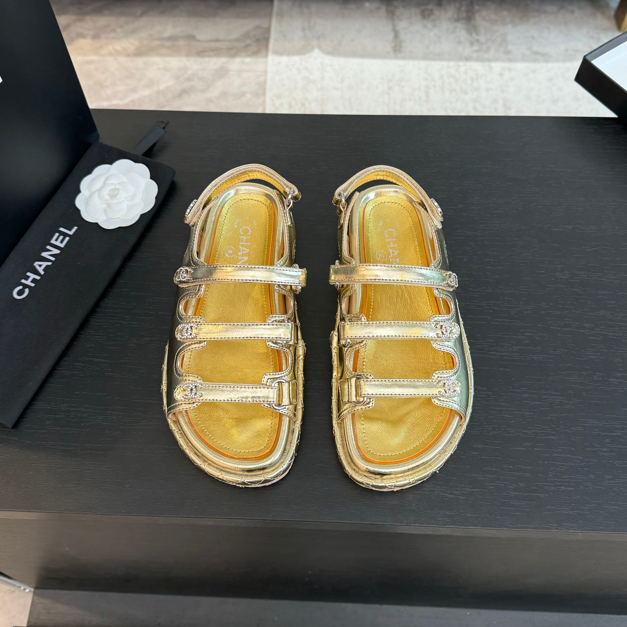 Chanel Women's Gold Leather Velcro Strap Beach Sandals, Sizes 35-42 Available 3 a1734086022182 3527