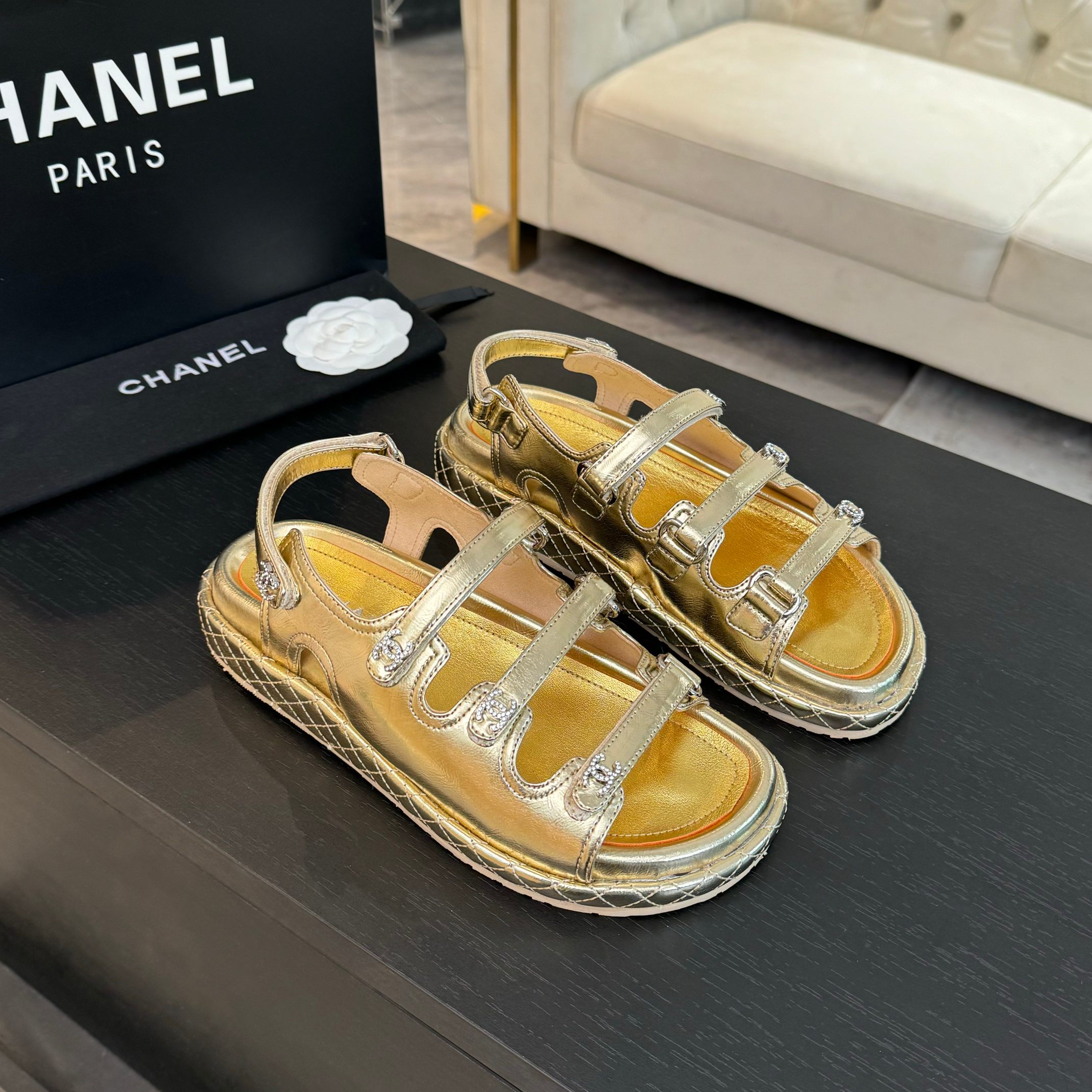 Chanel Women's Gold Leather Velcro Strap Beach Sandals, Sizes 35-42 Available 2 a1734086022363 2847