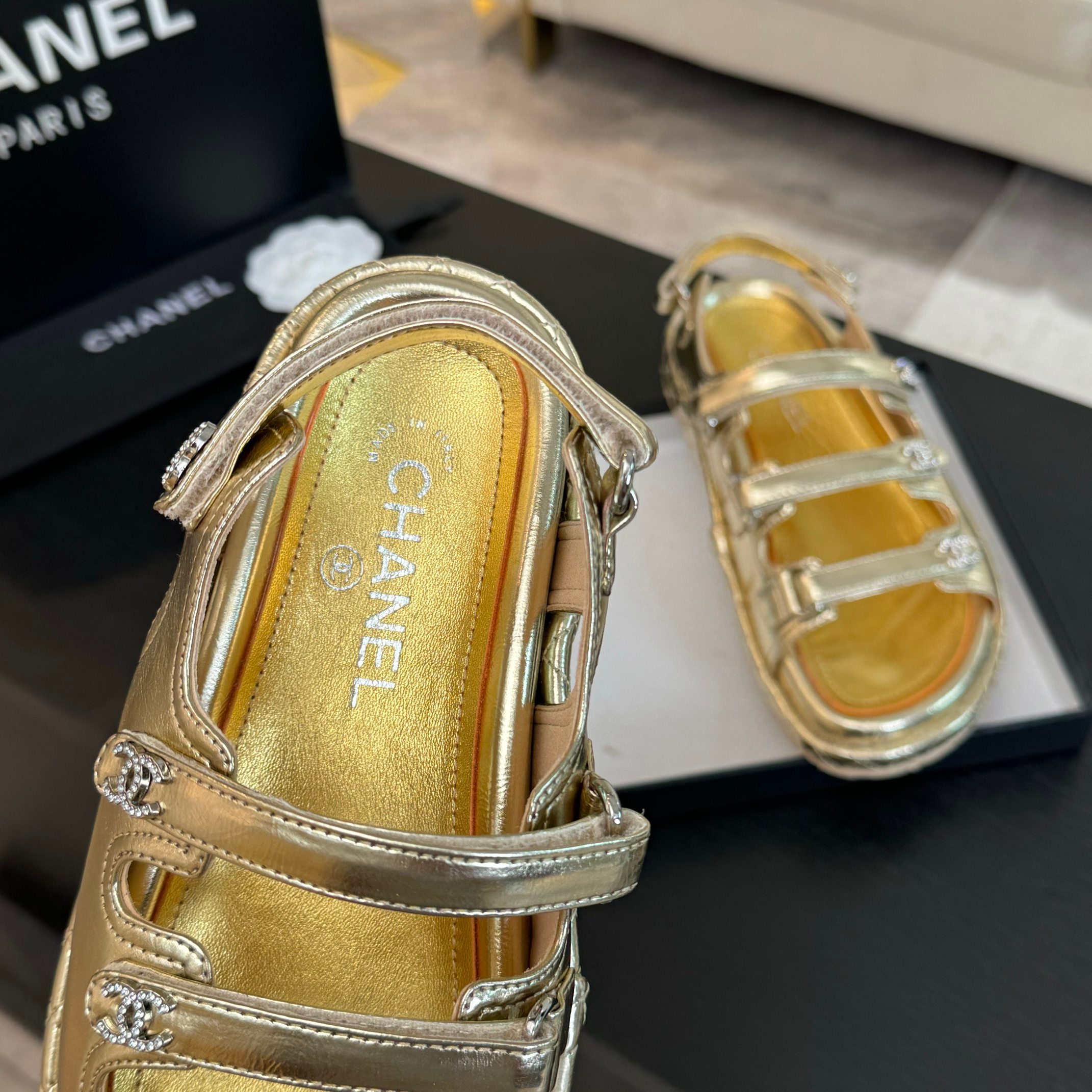 Chanel Women's Gold Leather Velcro Strap Beach Sandals, Sizes 35-42 Available 9 a1734086024412 1325