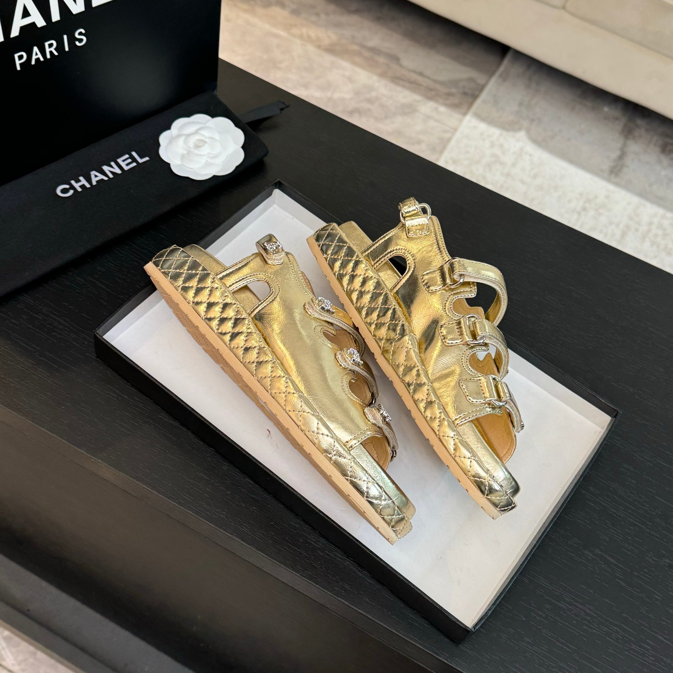 Chanel Women's Gold Leather Velcro Strap Beach Sandals, Sizes 35-42 Available 4 a1734086024488 3631