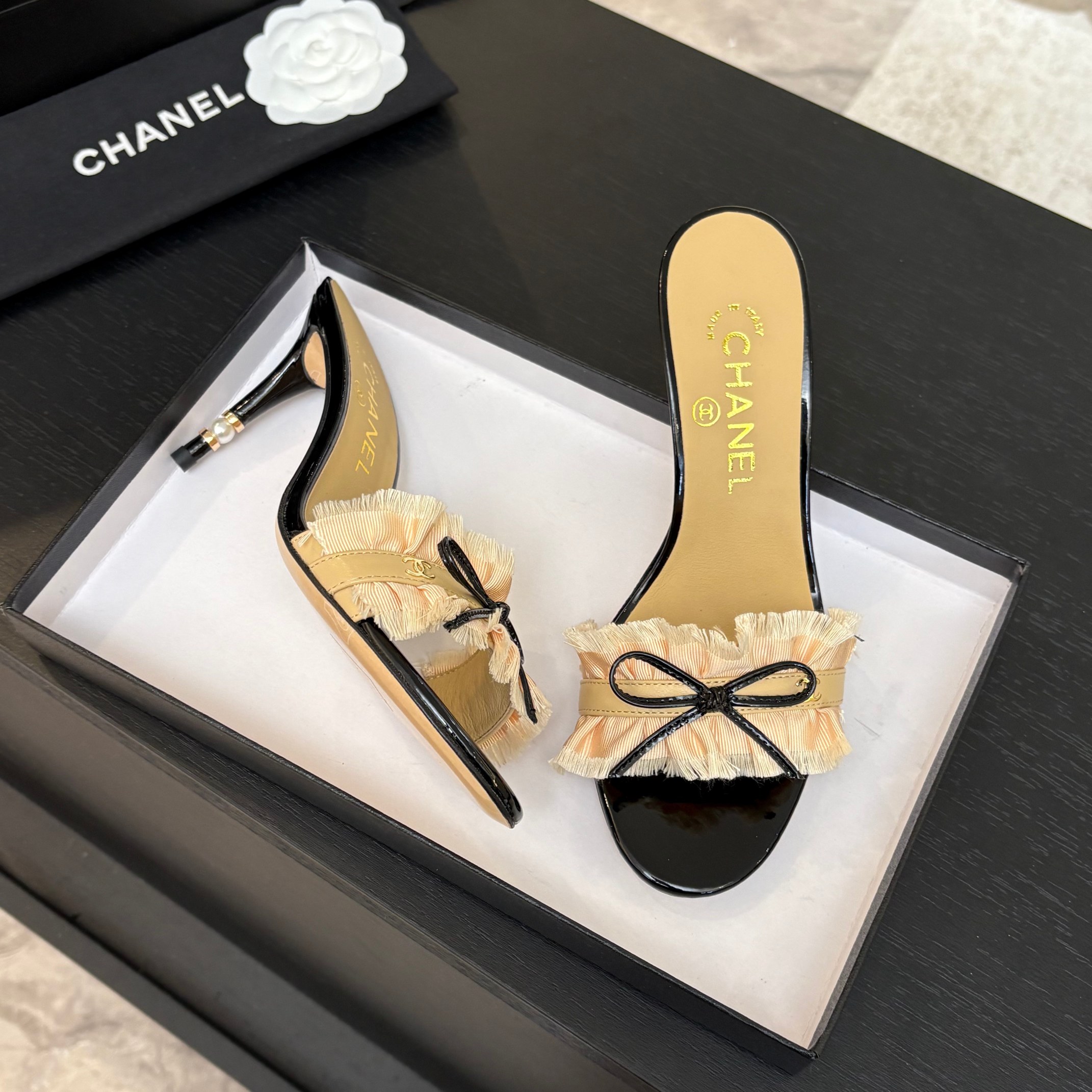 Chanel Women's Lace Heeled Sandals with Camellia Detail - Chic & Elegant 1 Chanel Women's Lace Heeled Sandals with Camellia Detail - Chic & Elegant