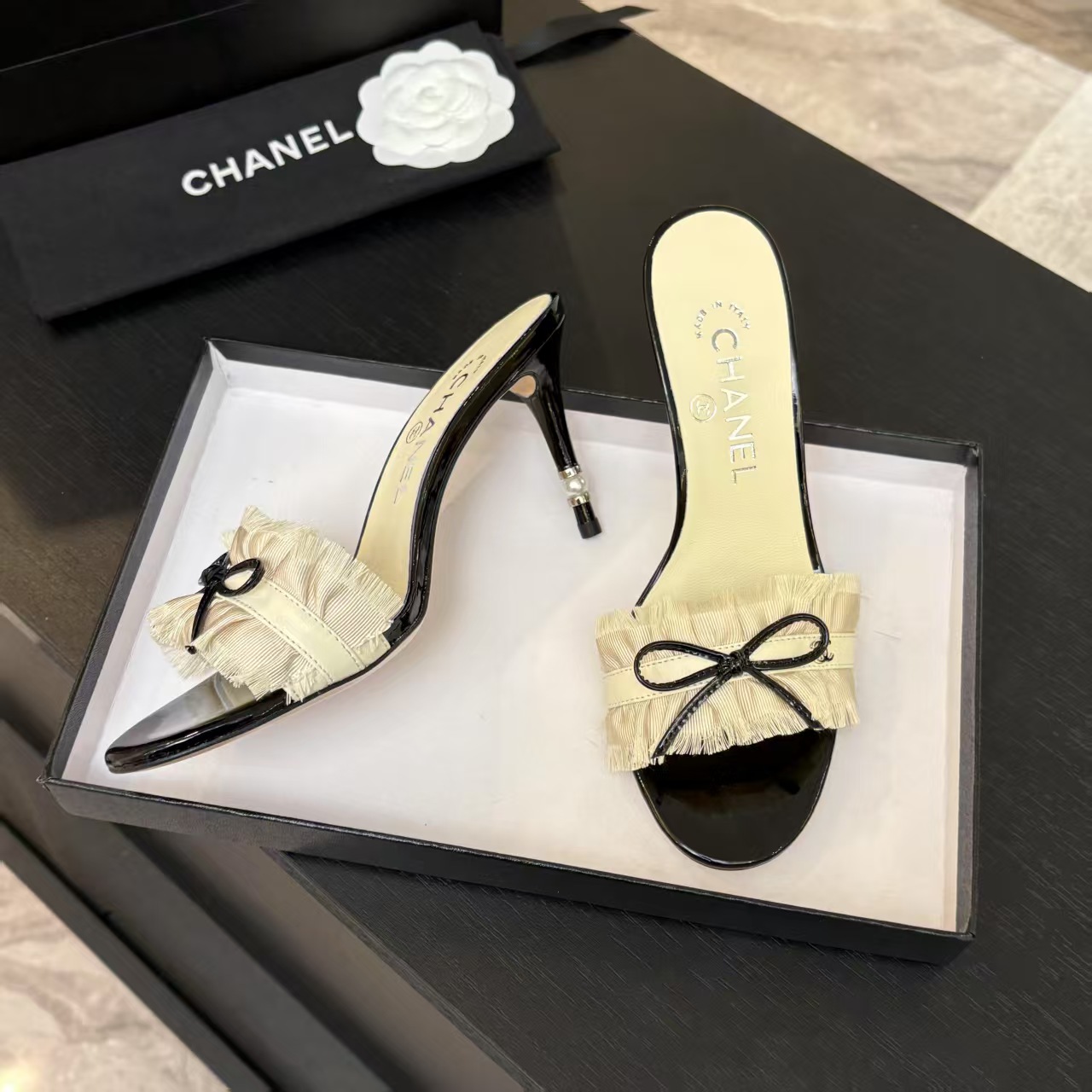 Chanel Women's Lace Heeled Sandals with Bow Detail - Chic Summer Style 4 a1739689793365 7480