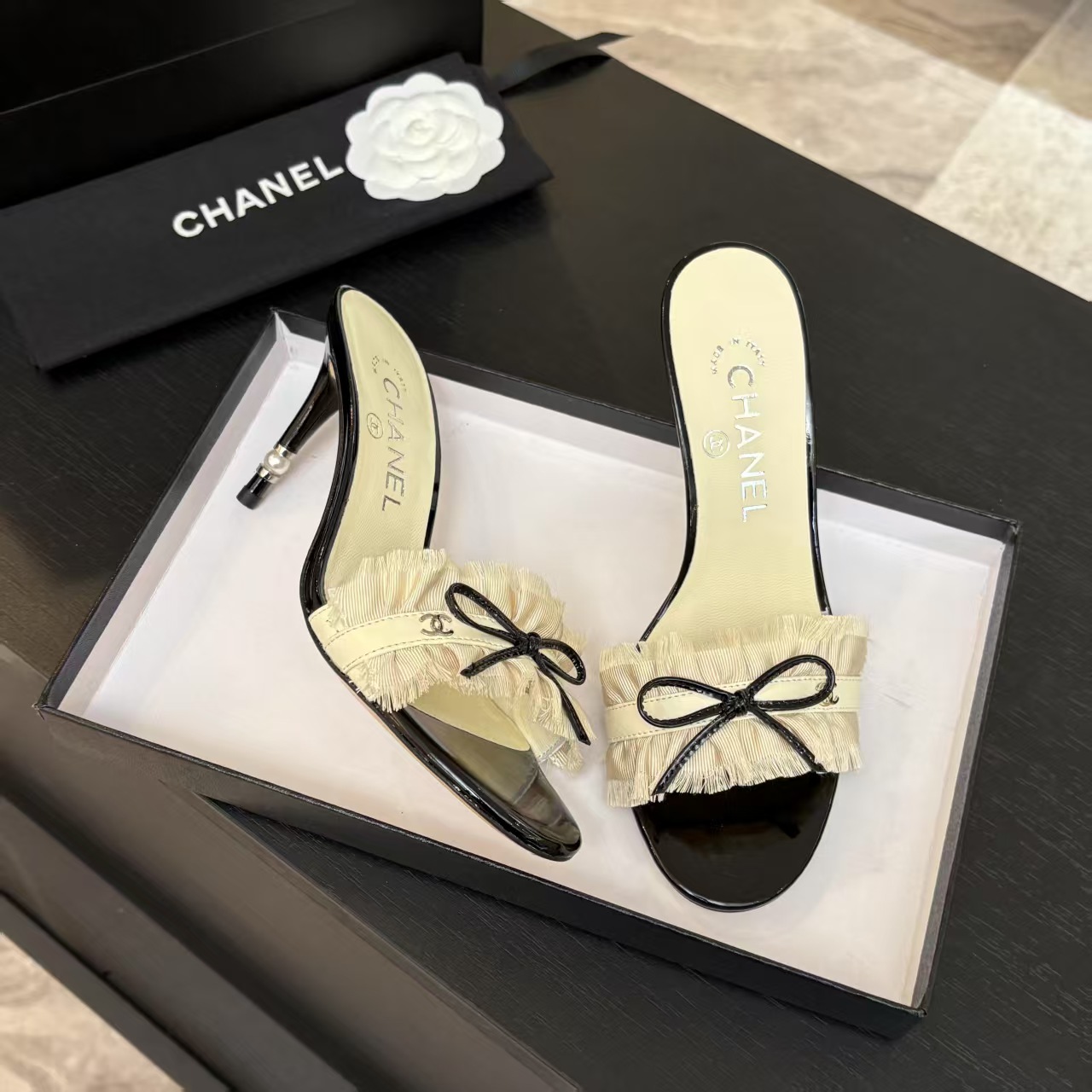 Chanel Women's Lace Heeled Sandals with Bow Detail - Chic Summer Style 2 a1739689801734 4621