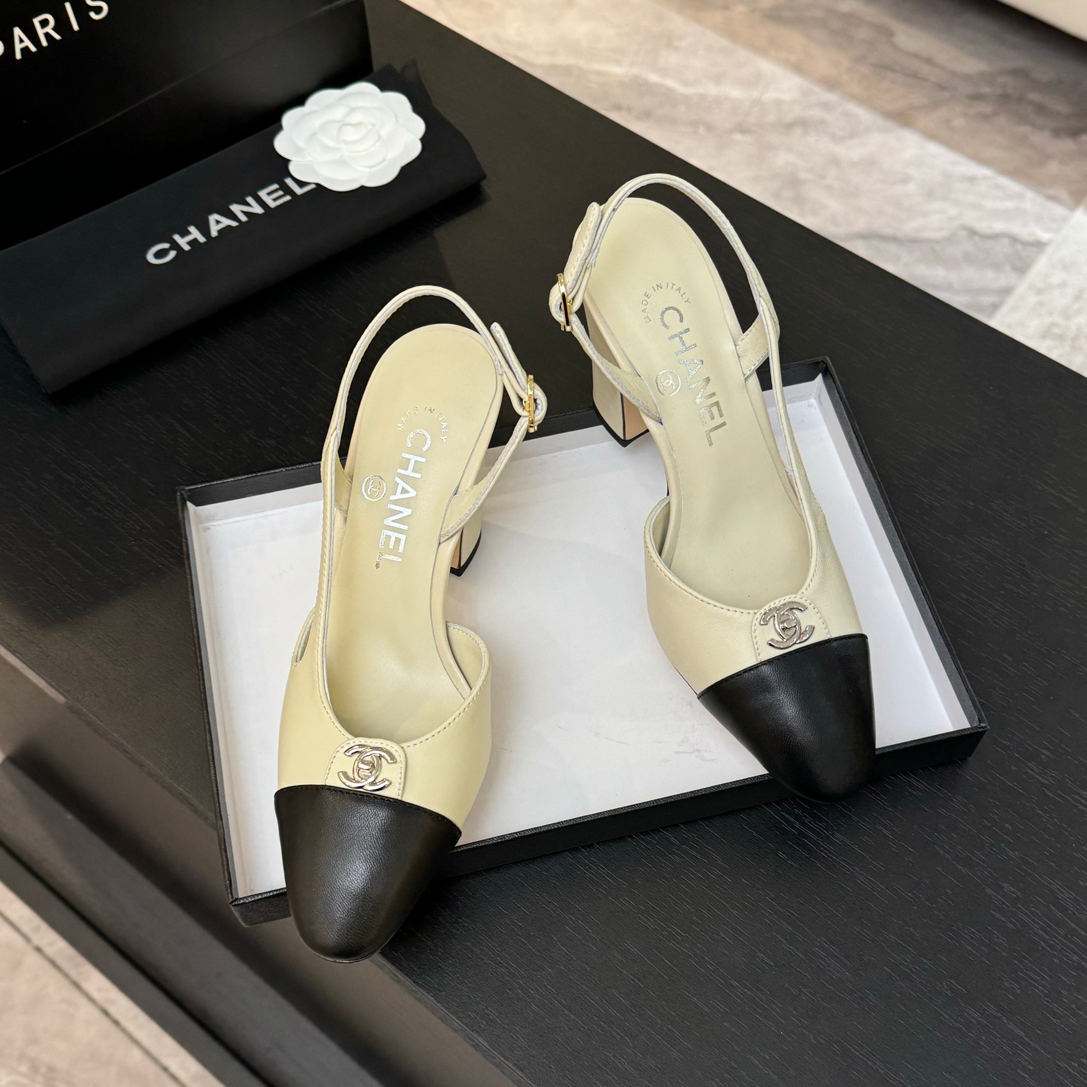 Chanel Slingback Pumps Two-Tone Leather High Heel, Women's Classic Shoes 7 a1742809146284 3786