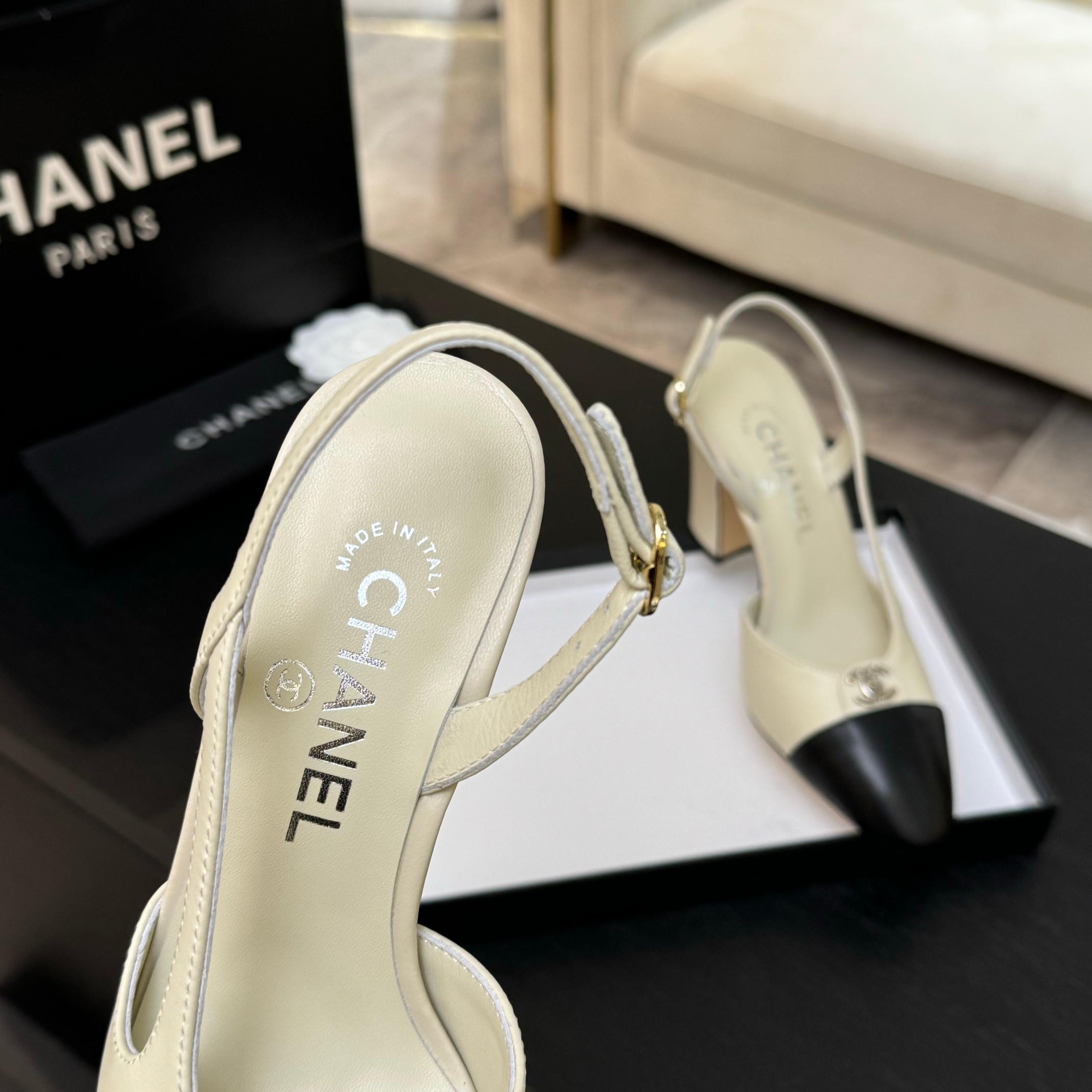Chanel Slingback Pumps Two-Tone Leather High Heel, Women's Classic Shoes 8 a1742809154183 5704
