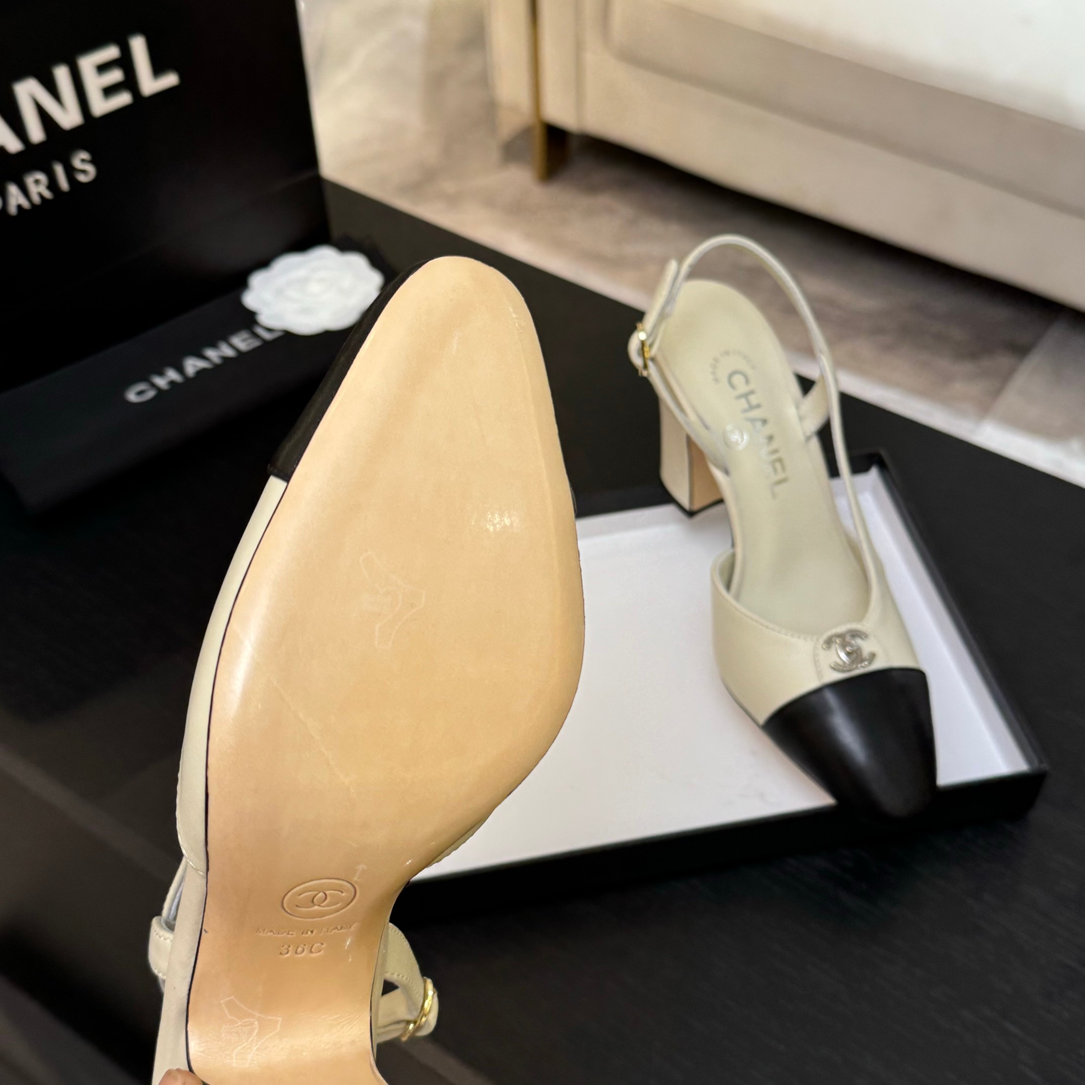 Chanel Slingback Pumps Two-Tone Leather High Heel, Women's Classic Shoes 9 a1742809154241 3230
