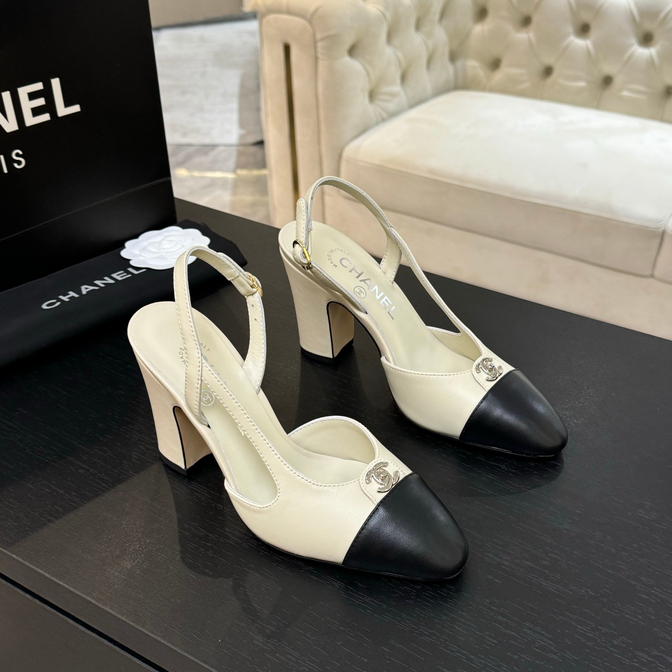 Chanel Slingback Pumps Two-Tone Leather High Heel, Women's Classic Shoes 2 a1742809154311 5505