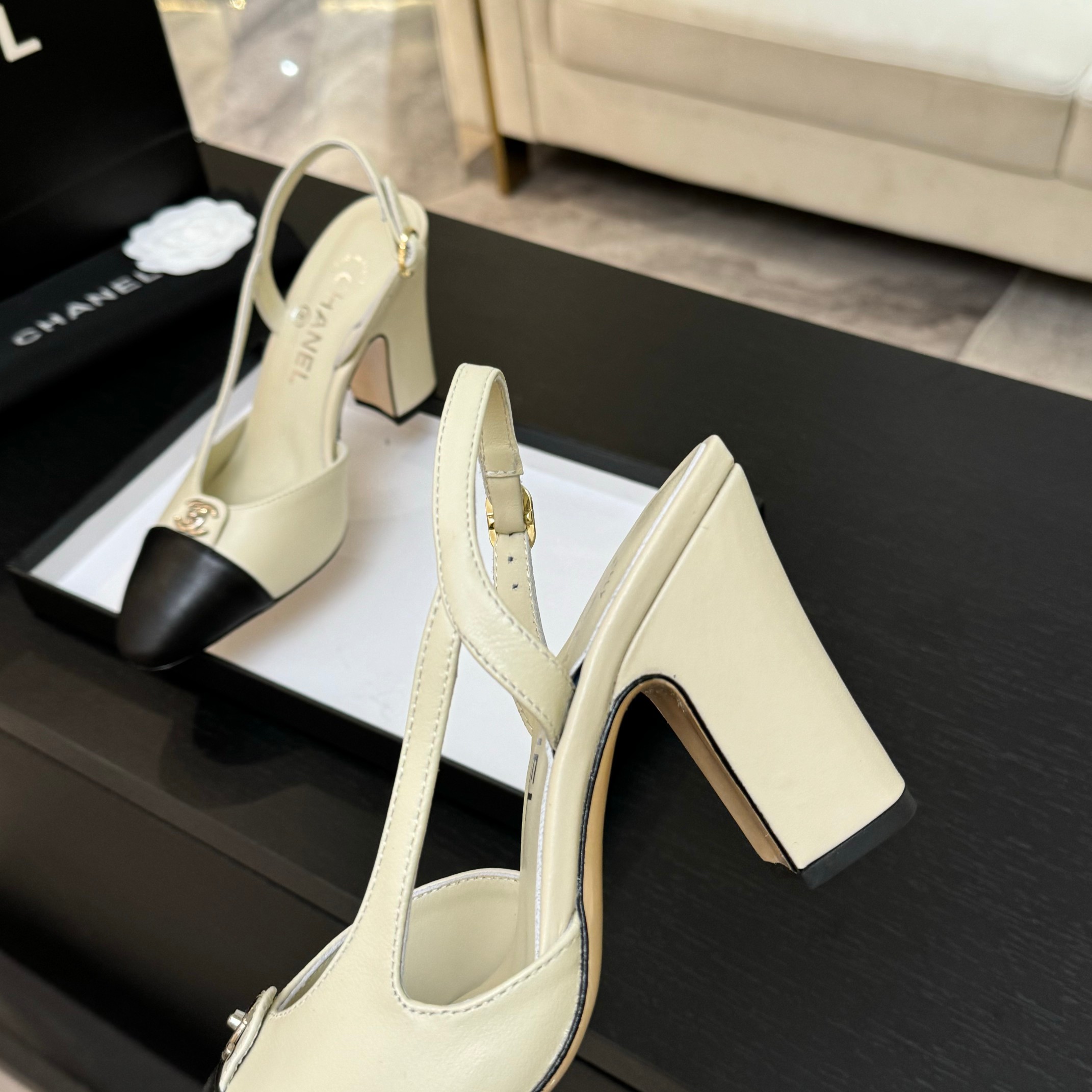 Chanel Slingback Pumps Two-Tone Leather High Heel, Women's Classic Shoes 6 a1742809154487 0802