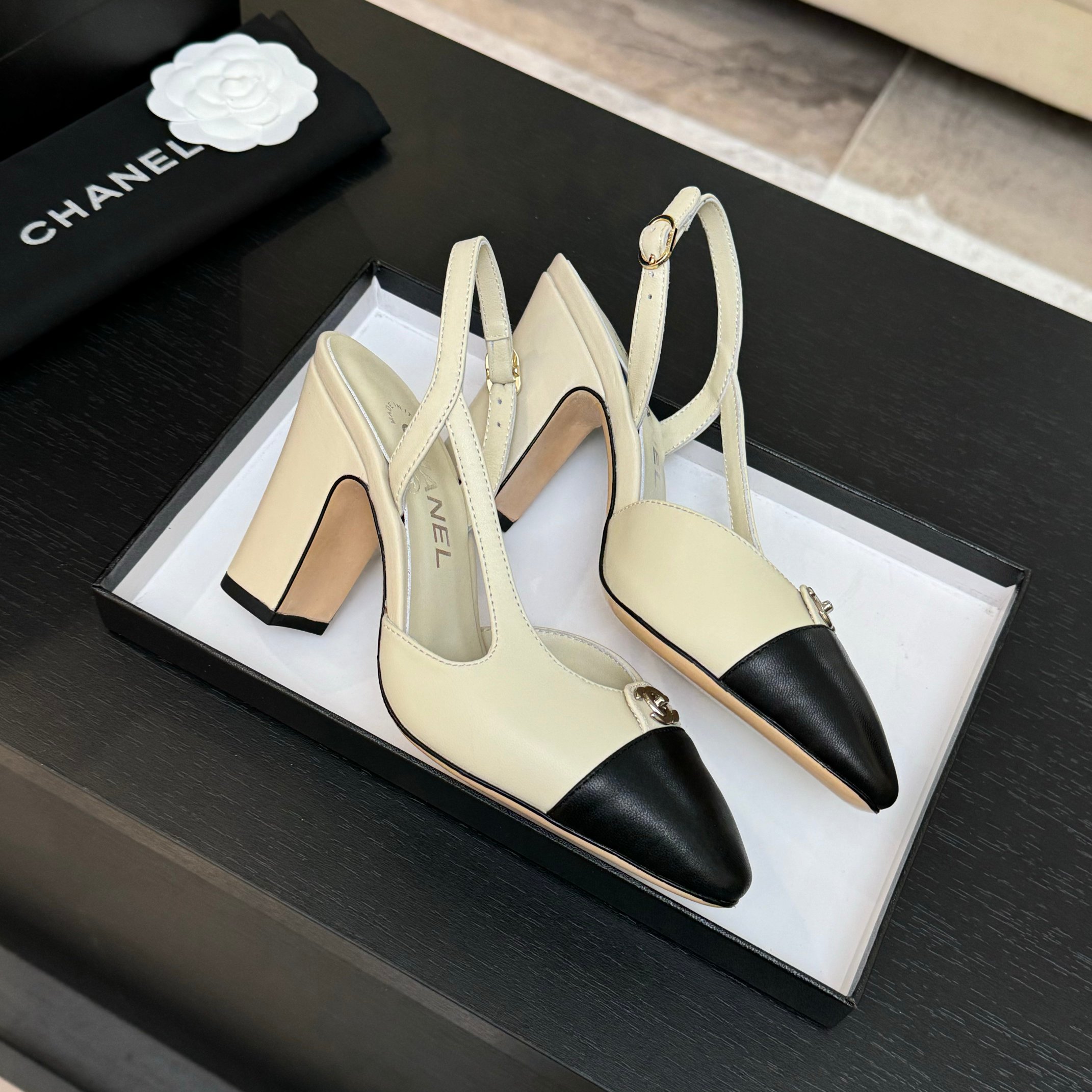 Chanel Slingback Pumps Two-Tone Leather High Heel, Women's Classic Shoes 3 a1742809157921 2218