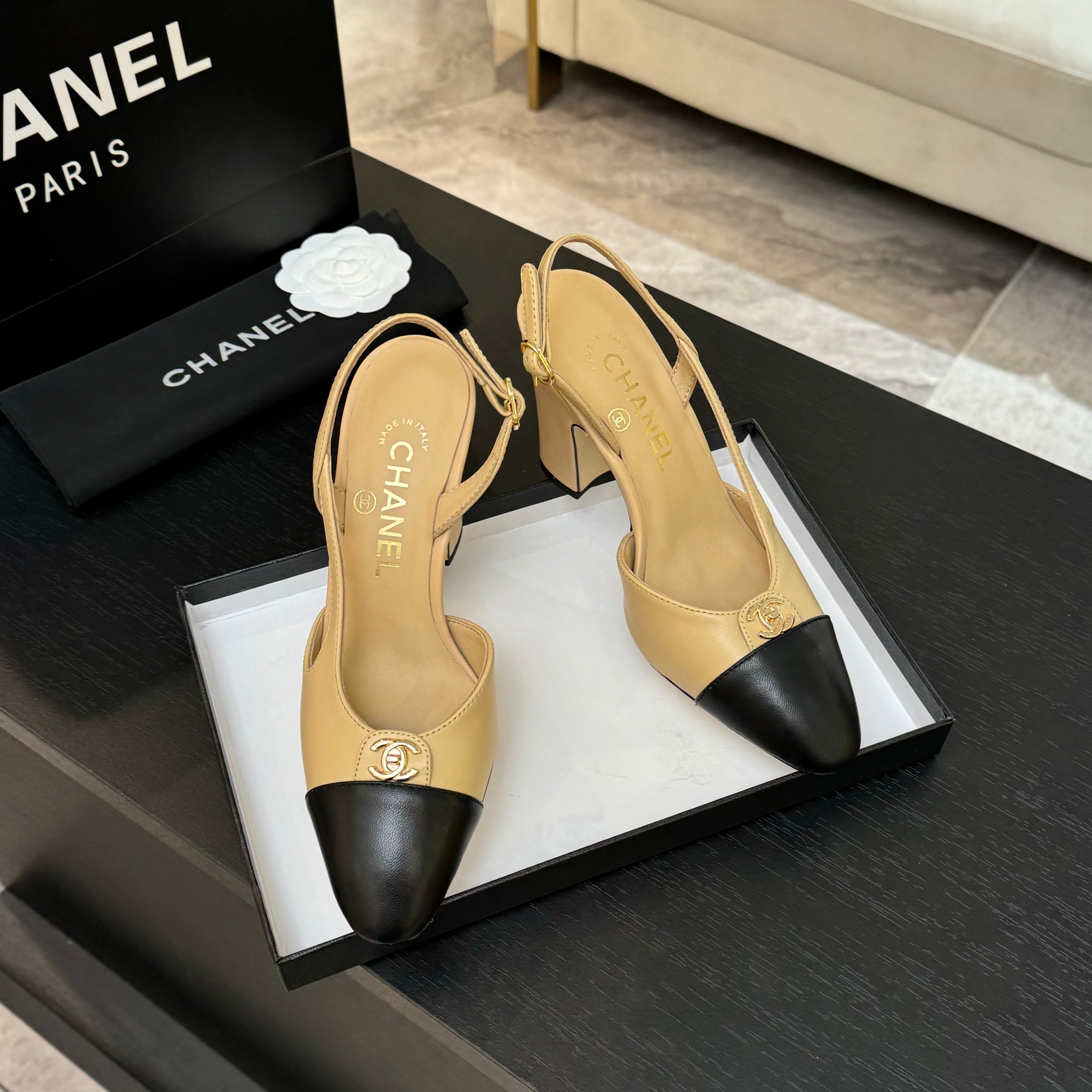 Chanel Two-Tone Slingback Heel, Lambskin Leather, Block Heel 5 a1742809276813 1112