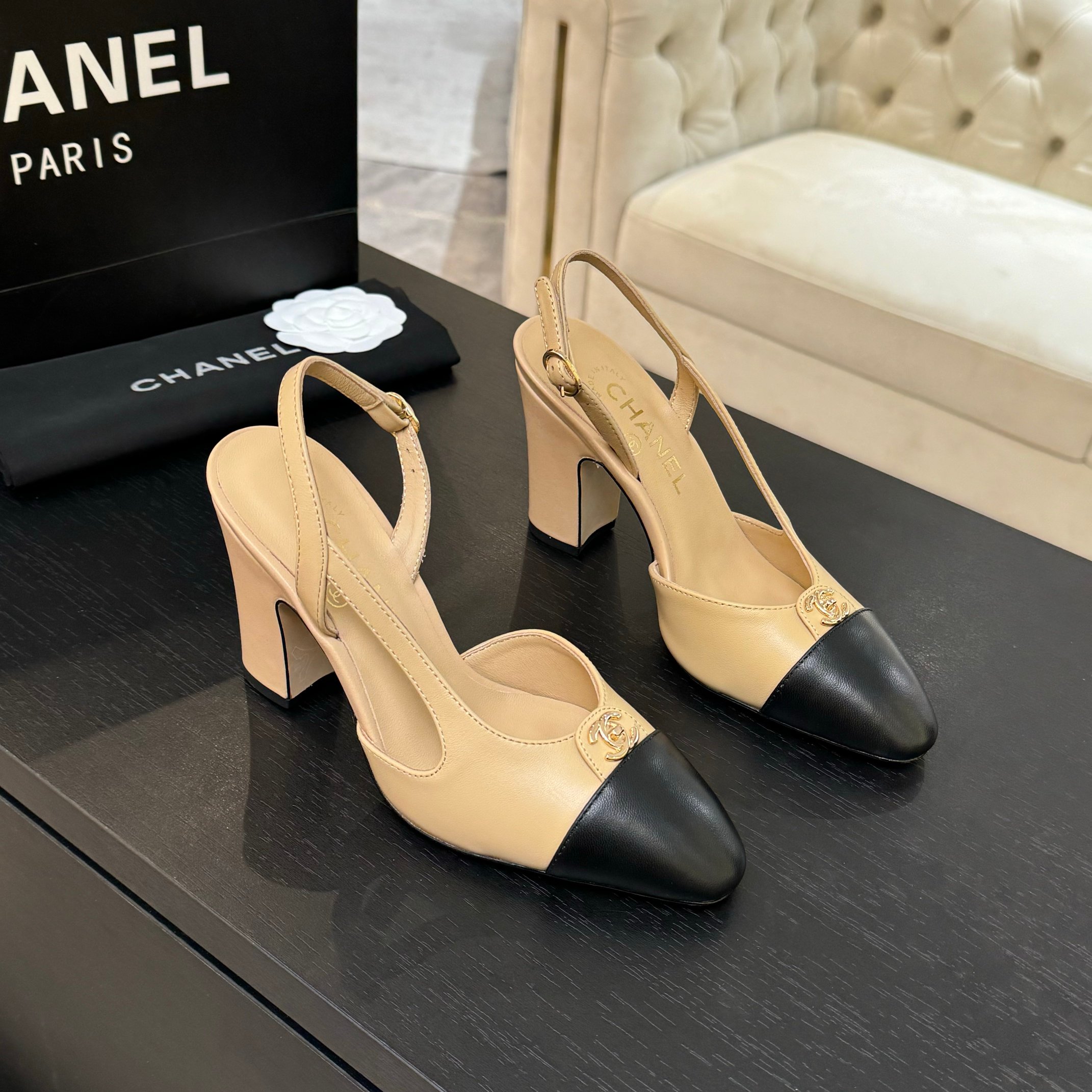 Chanel Two-Tone Slingback Heel, Lambskin Leather, Block Heel 1 Chanel Two-Tone Slingback Heel, Lambskin Leather, Block Heel