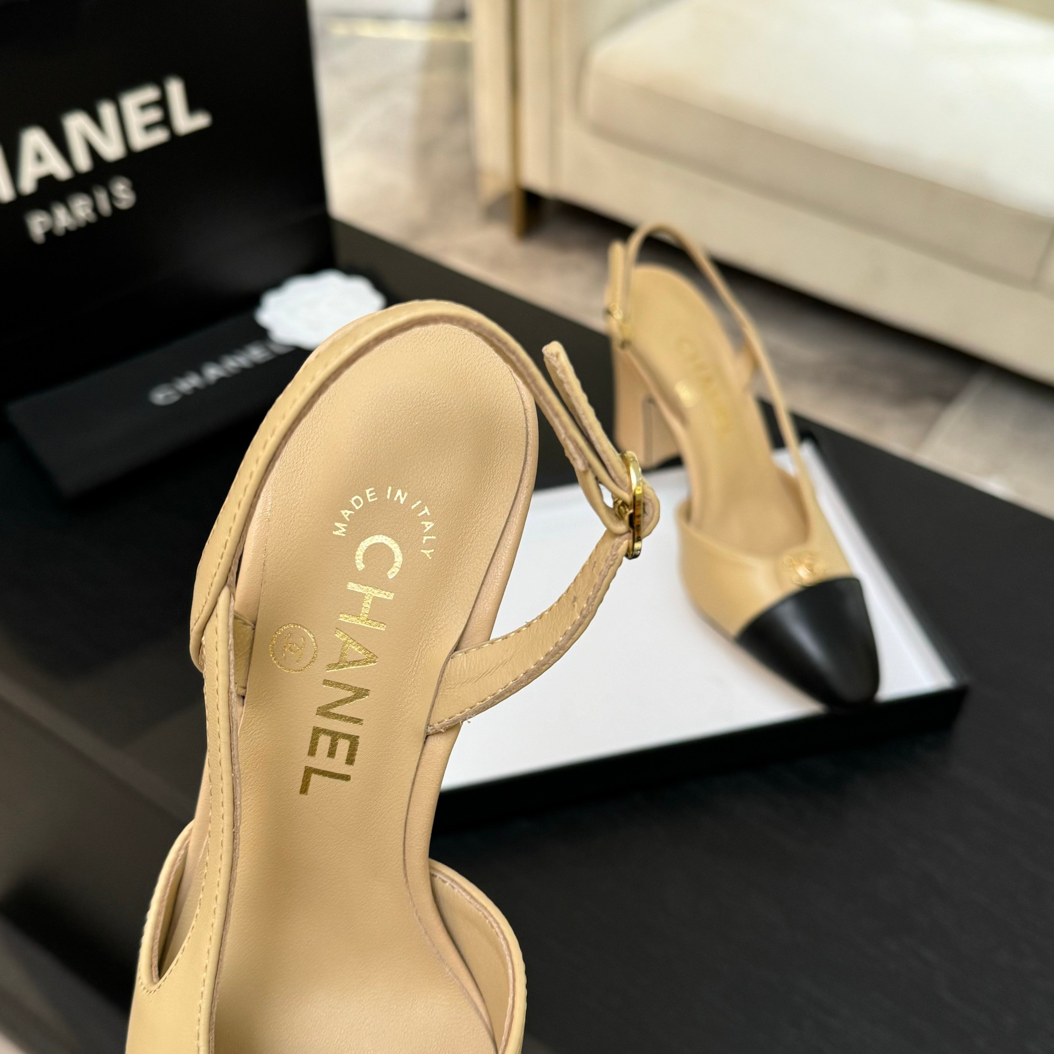 Chanel Two-Tone Slingback Heel, Lambskin Leather, Block Heel 4 a1742809277086 3748