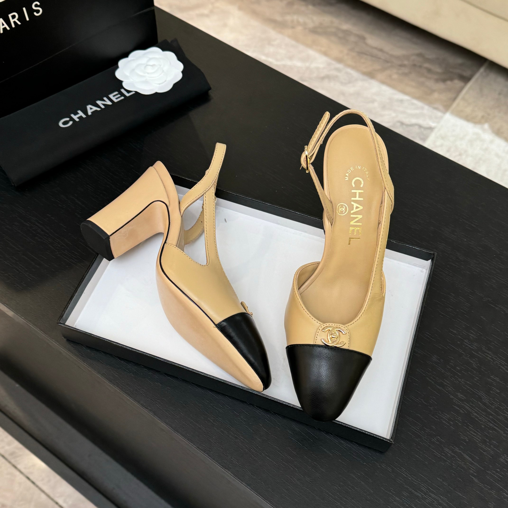 Chanel Two-Tone Slingback Heel, Lambskin Leather, Block Heel 10 a1742809278762 4233