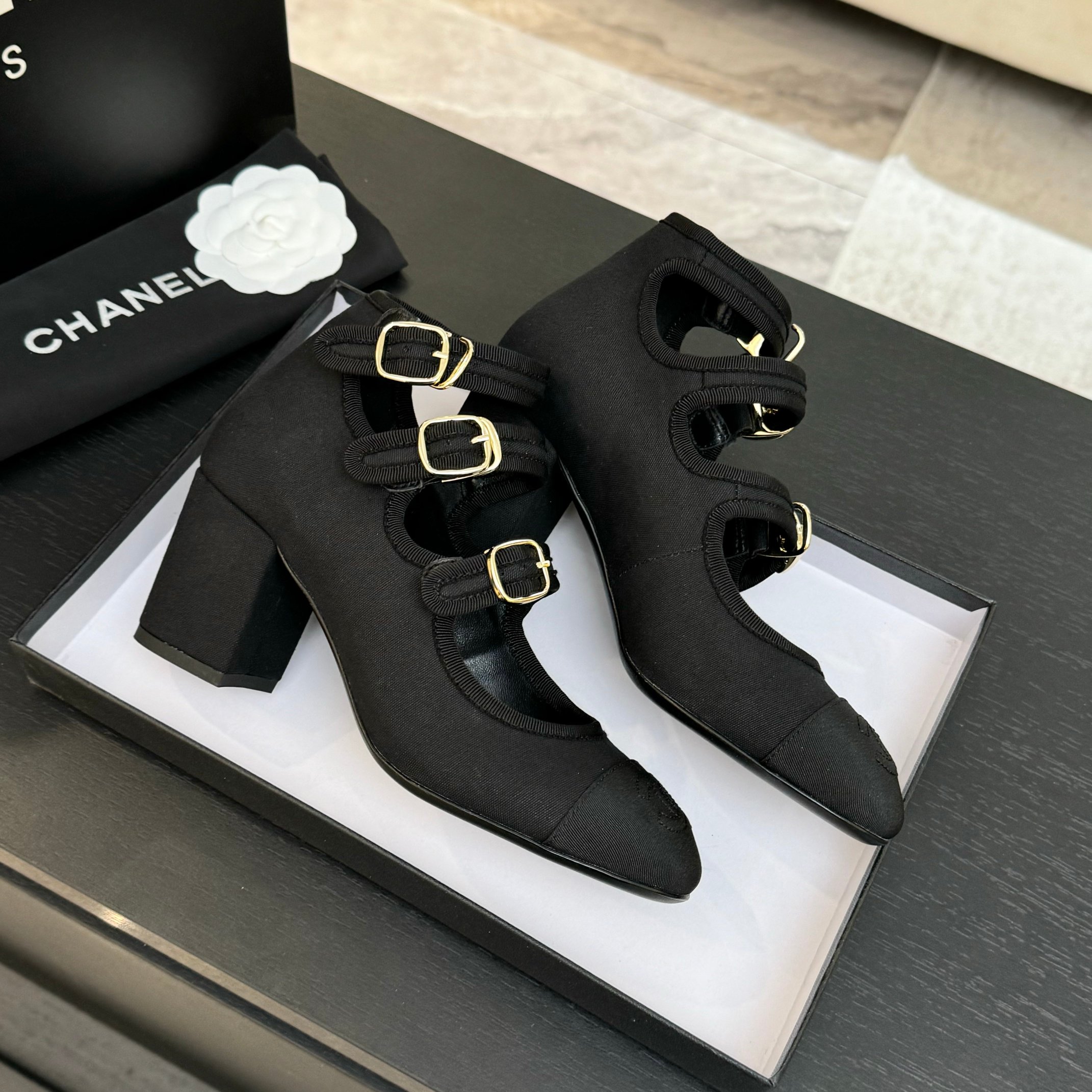 Chanel Women's Black Denim Mary Jane Pumps with Double C Buckle, Round Toe 6 a1742983159112 7065