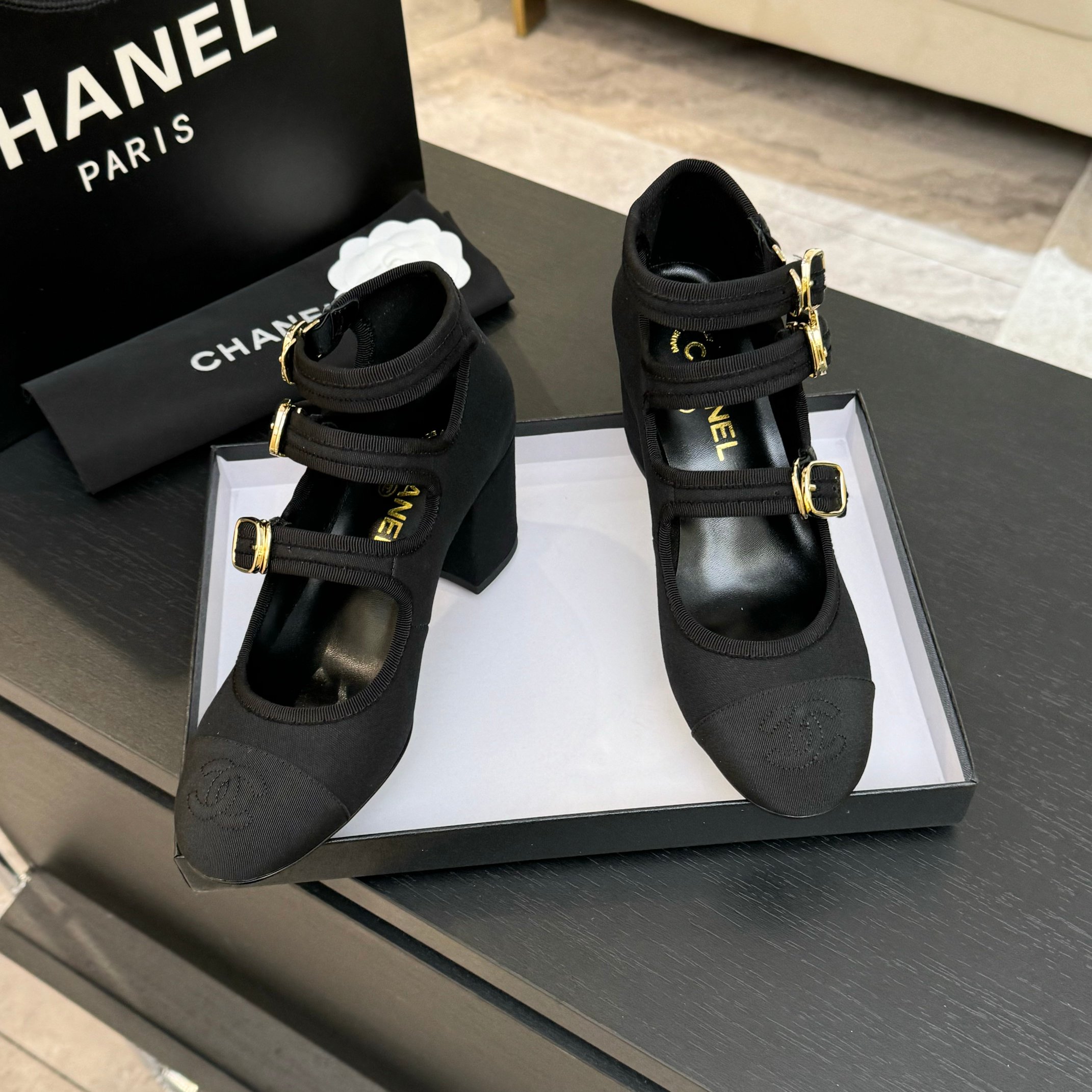 Chanel Women's Black Denim Mary Jane Pumps with Double C Buckle, Round Toe 4 a1742983159306 2508