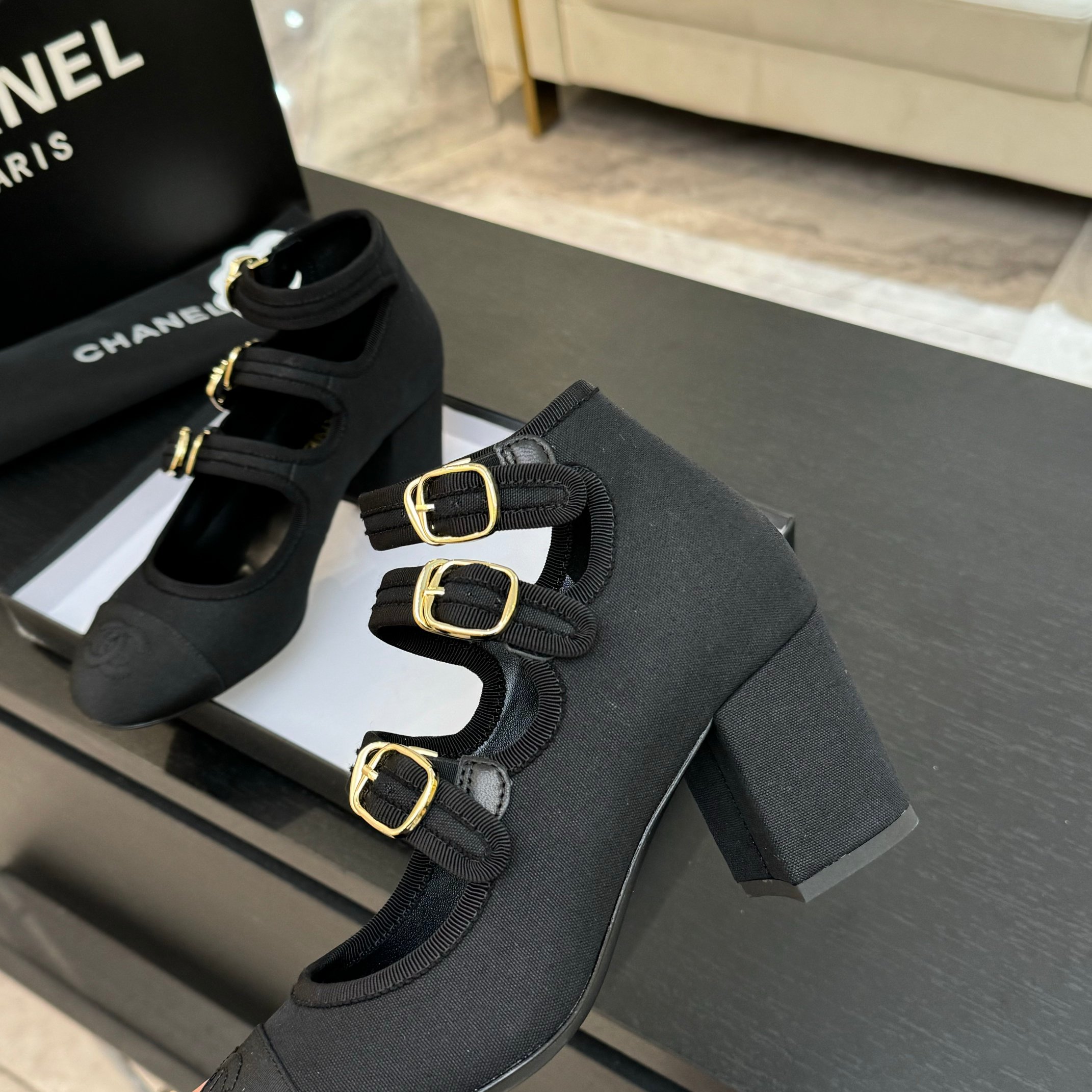 Chanel Women's Black Denim Mary Jane Pumps with Double C Buckle, Round Toe 9 a1742983167253 3183