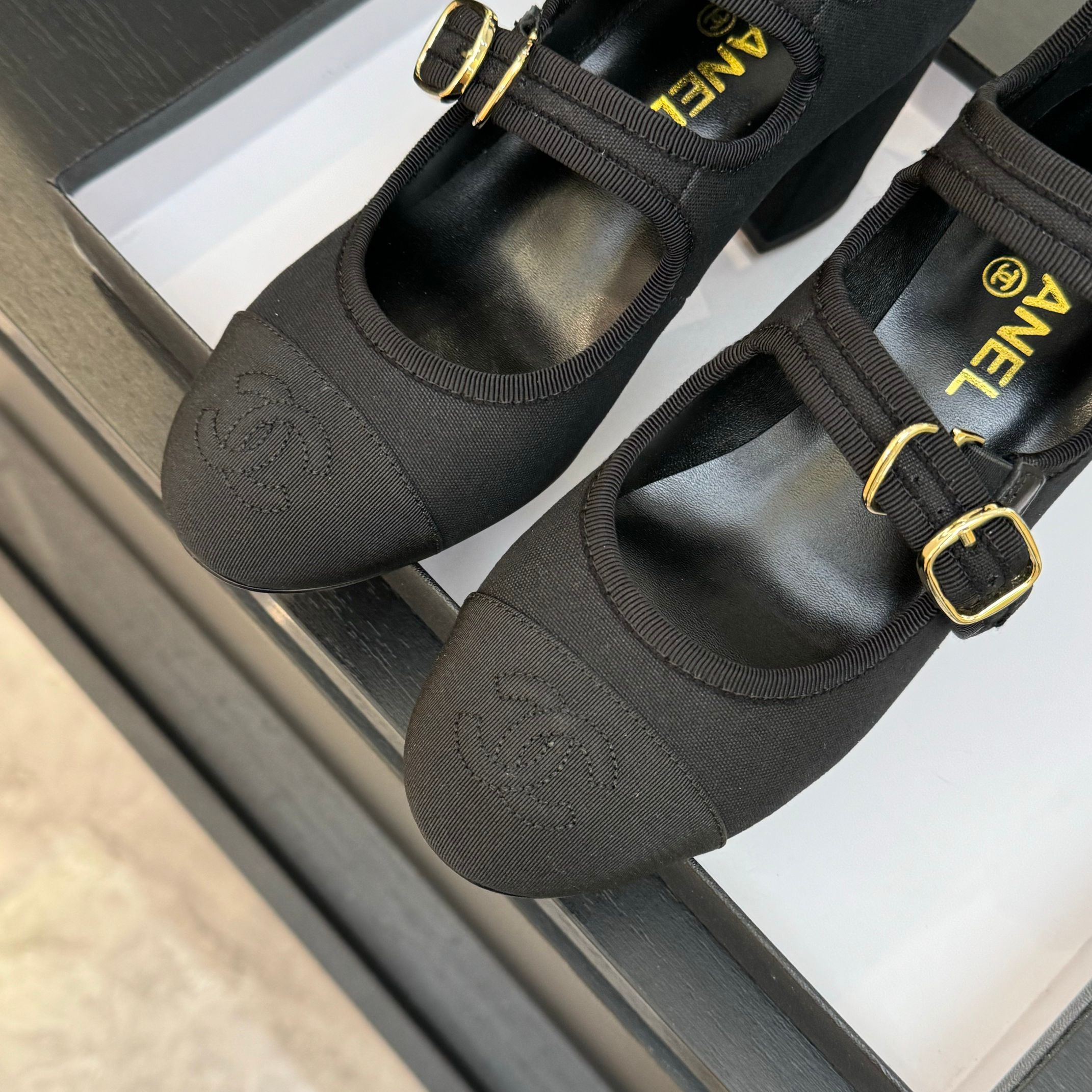 Chanel Women's Black Denim Mary Jane Pumps with Double C Buckle, Round Toe 10 a1742983167328 6624