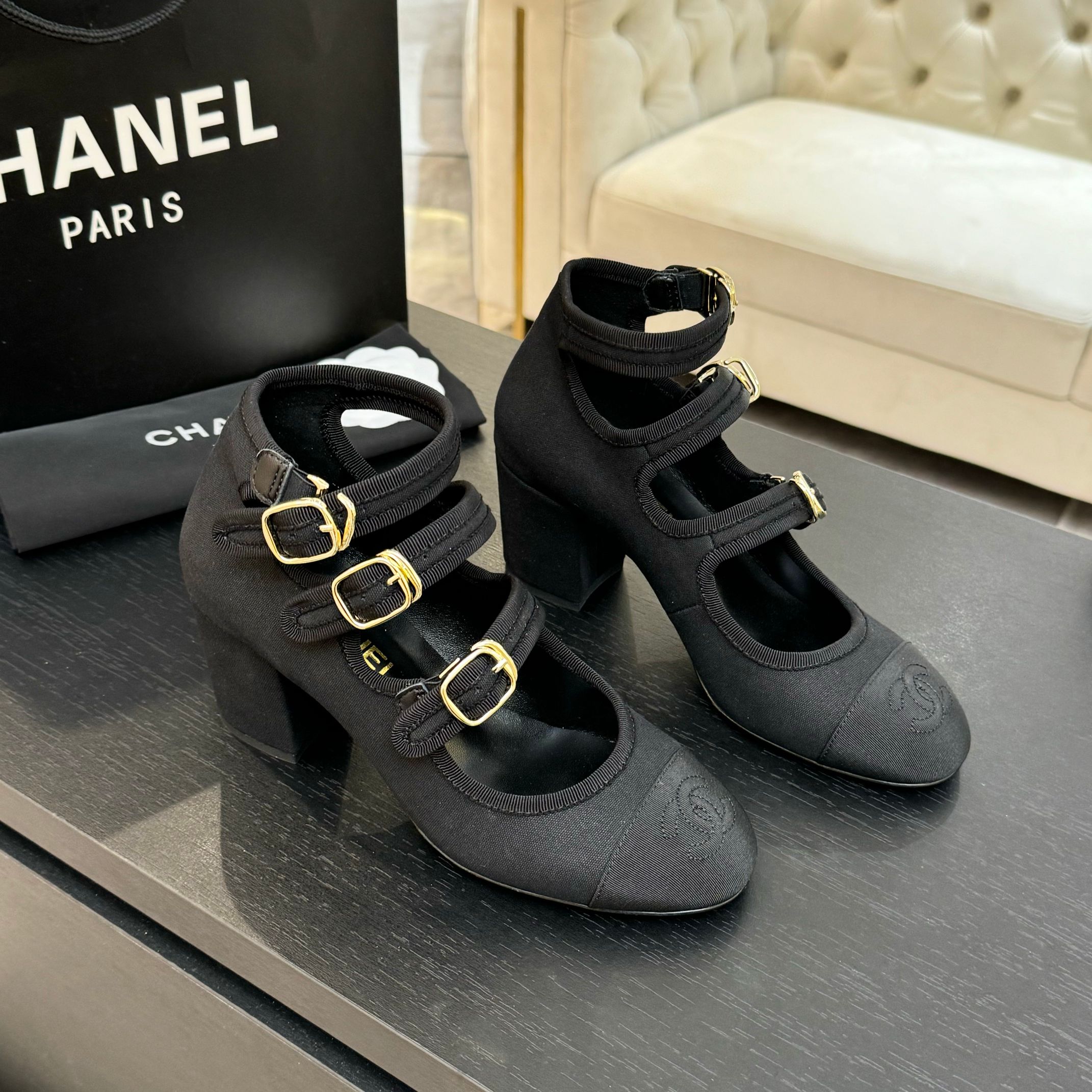 Chanel Women's Black Denim Mary Jane Pumps with Double C Buckle, Round Toe 2 a1742983167338 3233