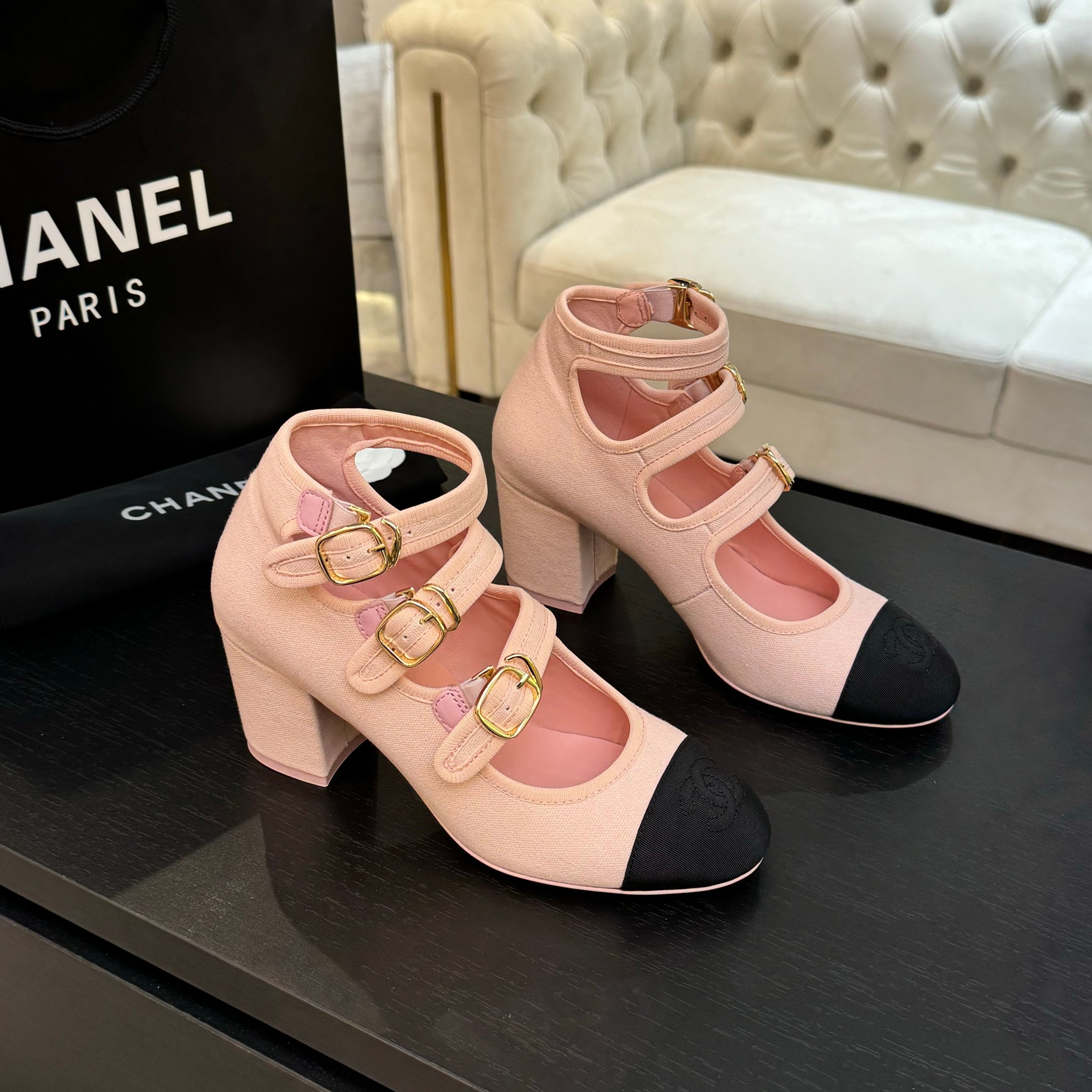 Chanel Mary Jane Round Toe Shoes with Double C Buckle and T-Strap