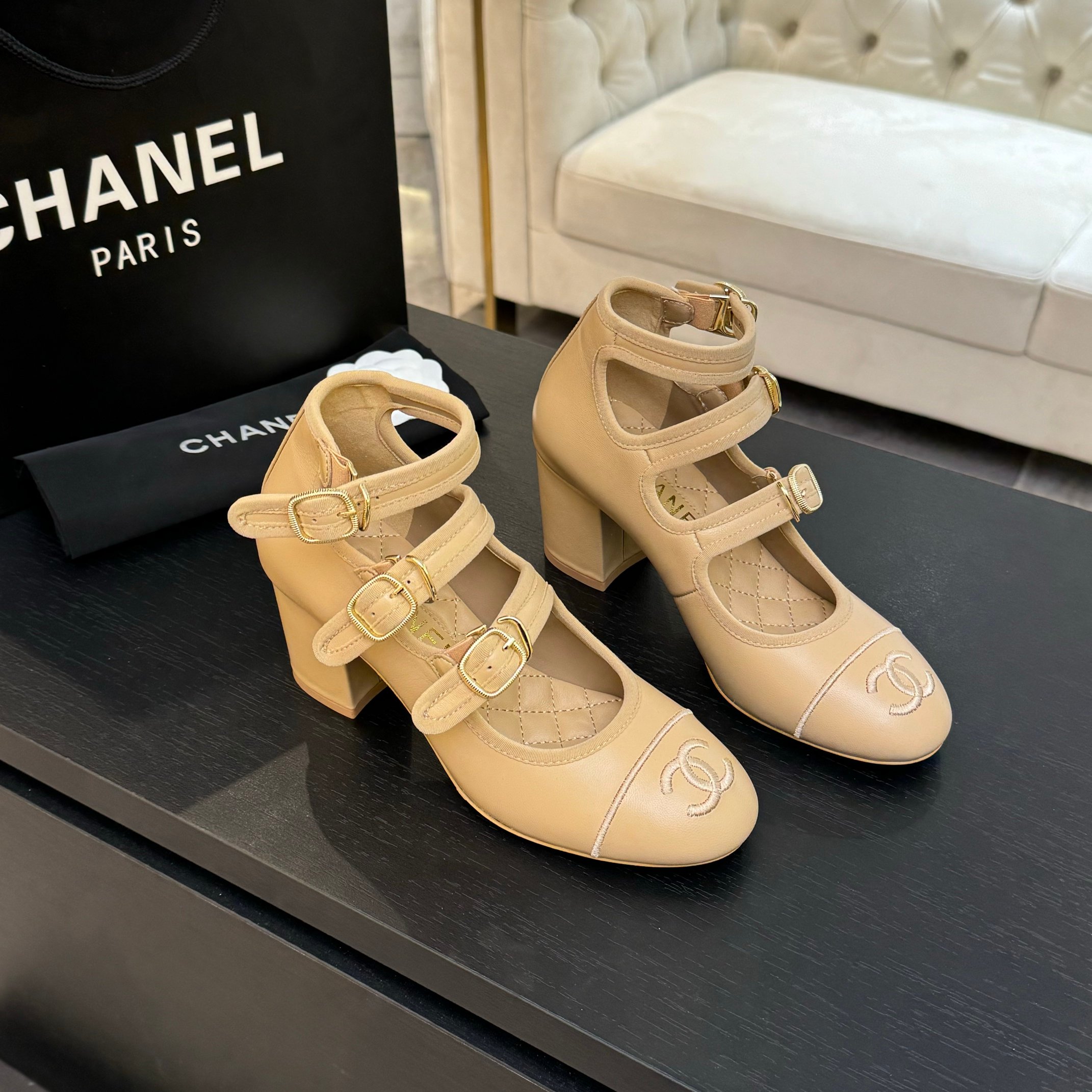 Chanel Mary Jane Beige Leather Block Heel Pumps with Double CC Buckle 1 Chanel Mary Jane Beige Leather Block Heel Pumps with Double CC Buckle