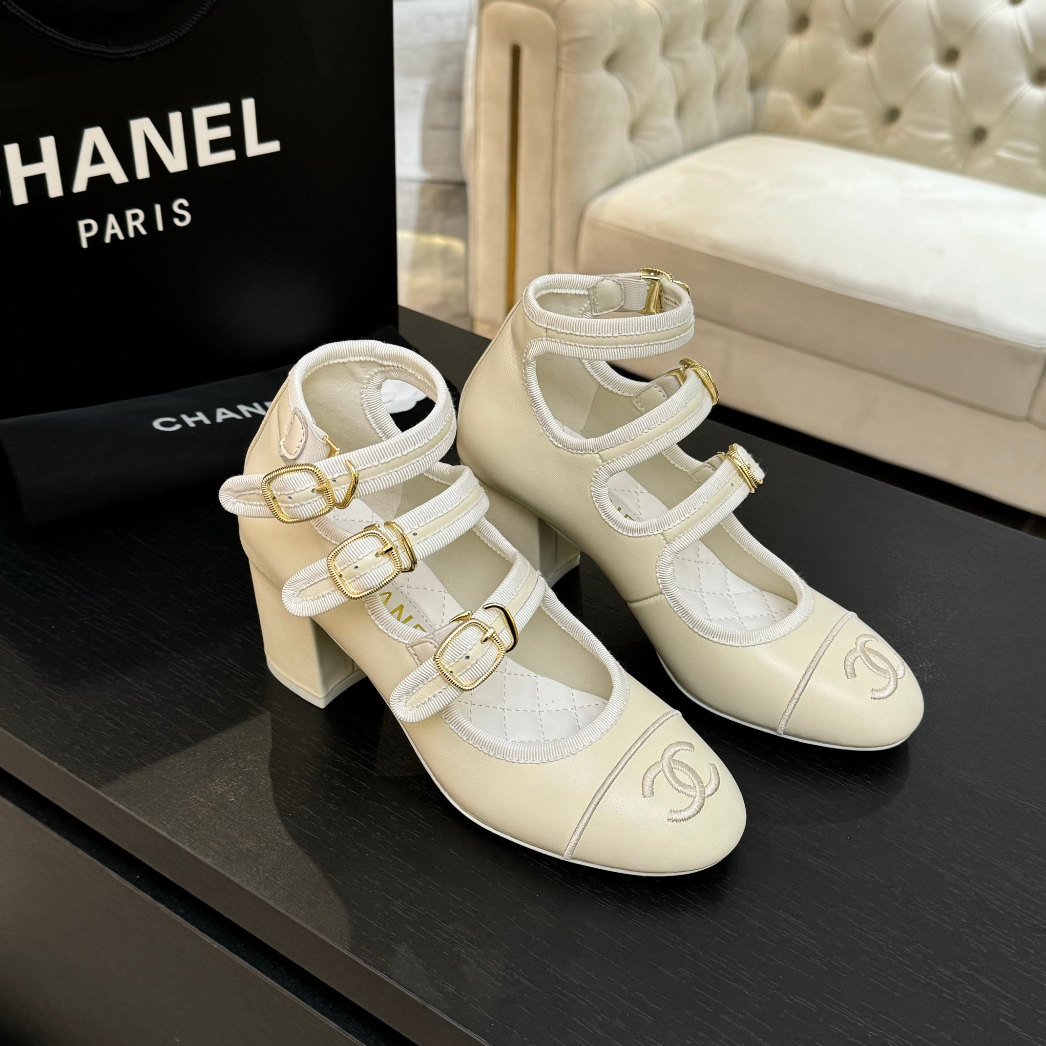 Chanel Mary Jane Shoes with Double C Buckle, Round Toe, Cream Leather 1 Chanel Mary Jane Shoes with Double C Buckle, Round Toe, Cream Leather