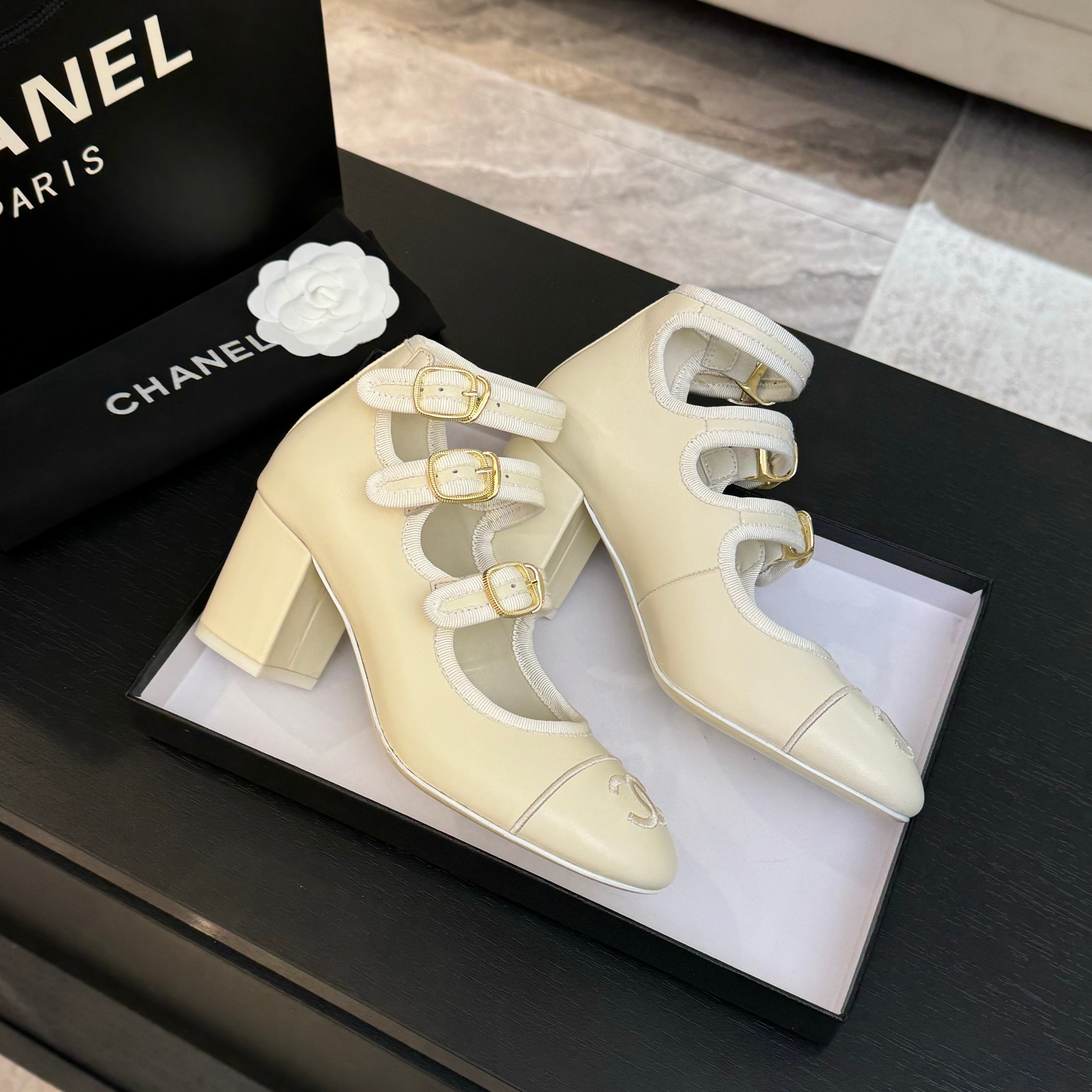 Chanel Mary Jane Shoes with Double C Buckle, Round Toe, Cream Leather 3 a1742983318971 4870