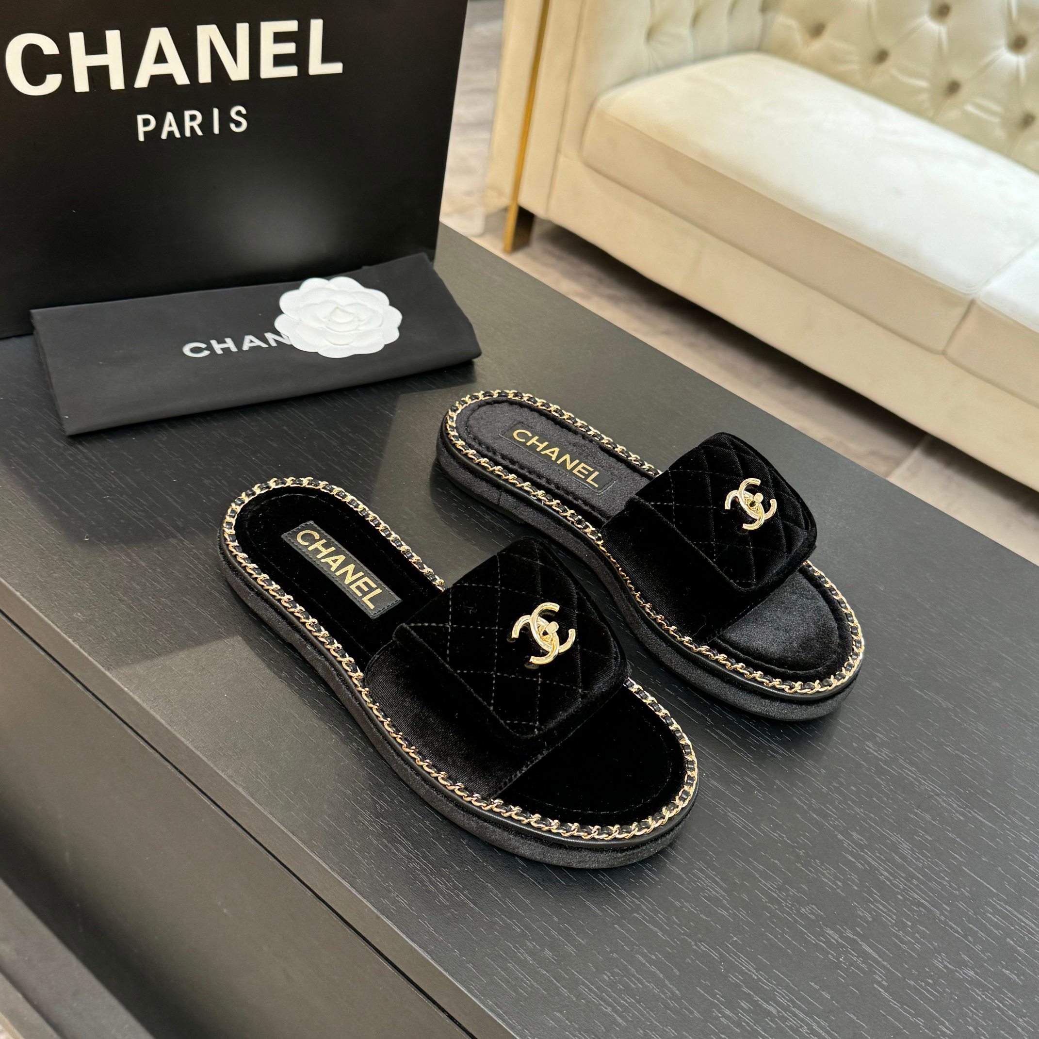 Canel Chanel Chain-Trimmed Quilted Double C Buckle Velvet Sandals Slides 1 Canel Chanel Chain-Trimmed Quilted Double C Buckle Velvet Sandals Slides