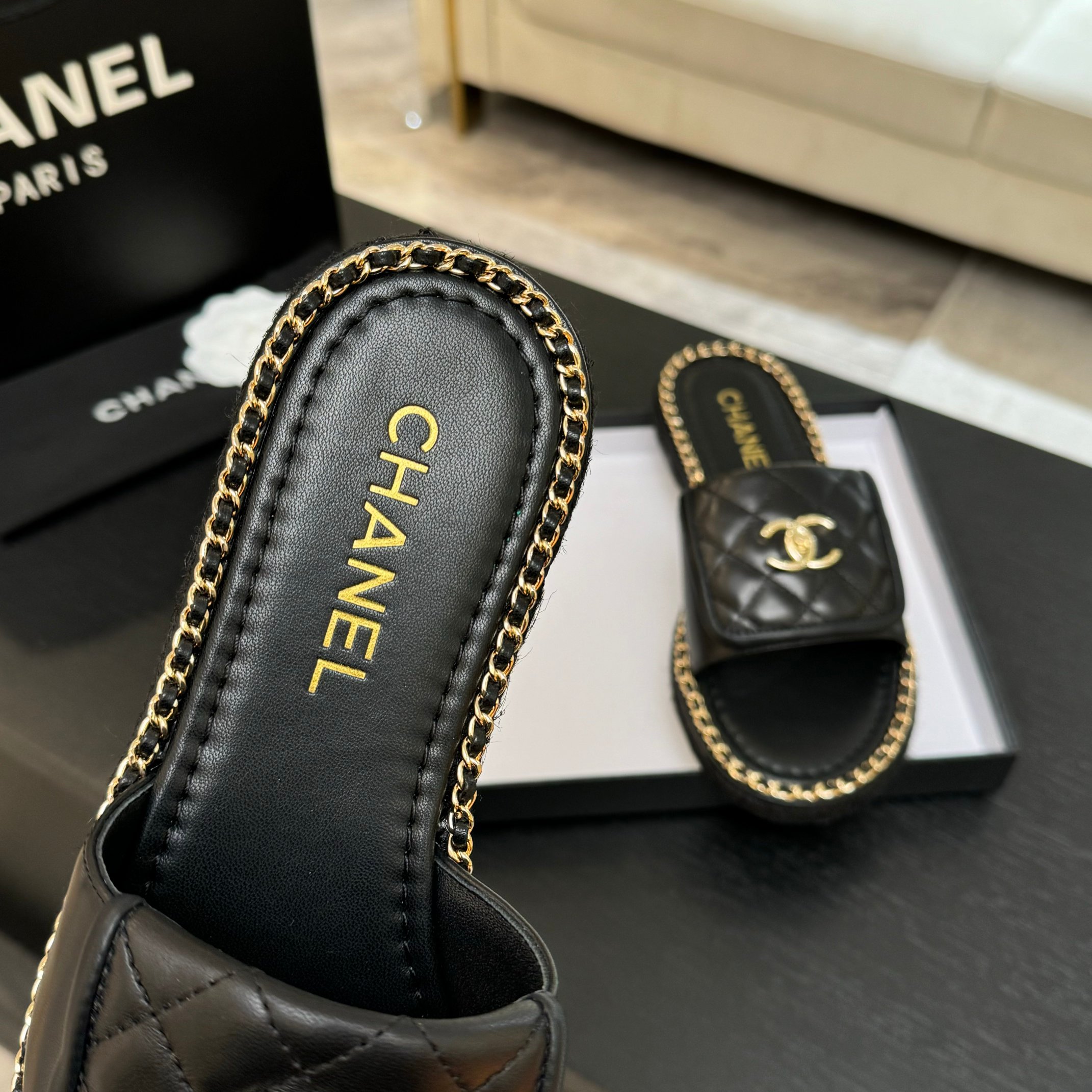 Chanel Black Quilted Leather Chain-Trimmed CC Logo Slide Sandals 4 a1744016347125 6600