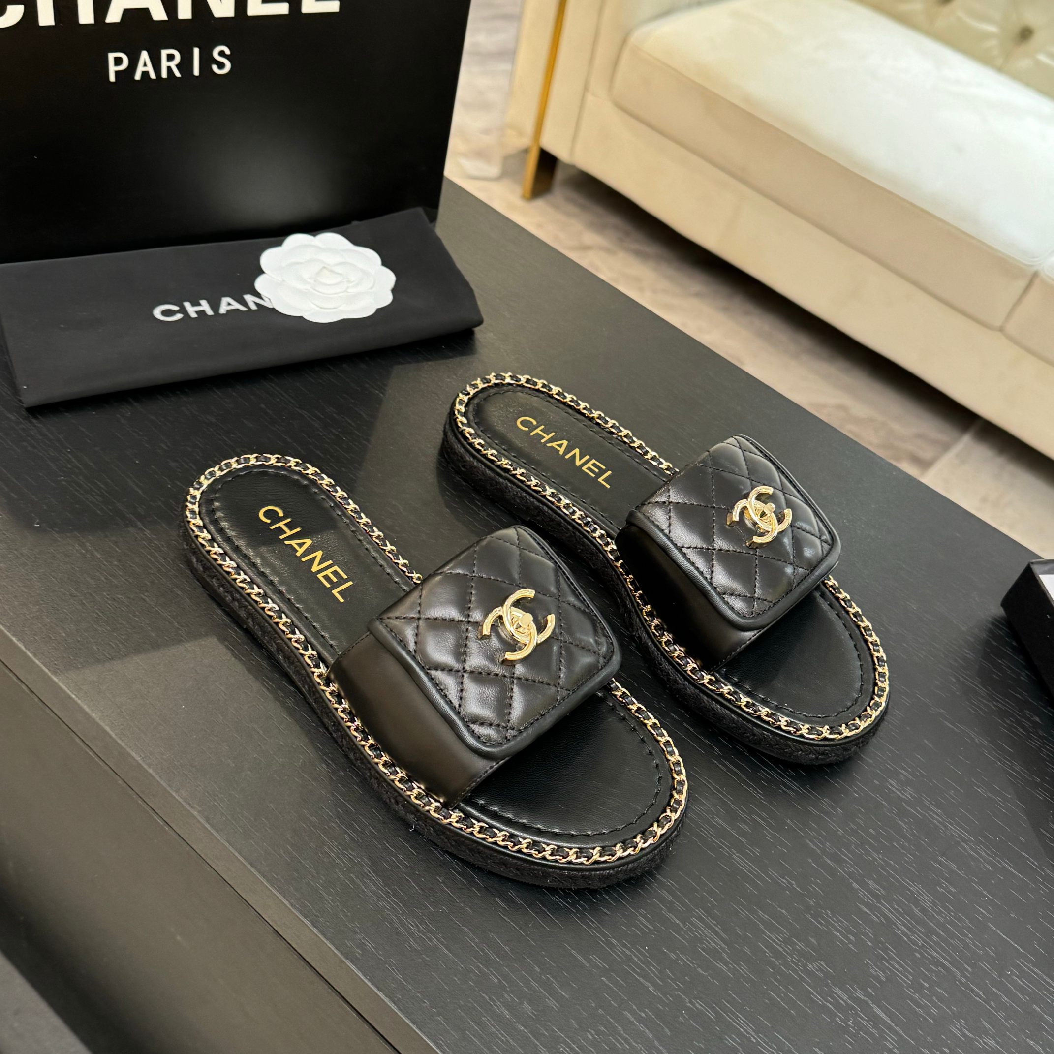 Chanel Black Quilted Leather Chain-Trimmed CC Logo Slide Sandals 2 a1744016347311 5726